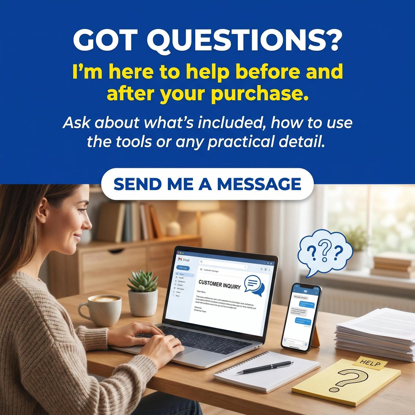Customer support panel for ADHD printable bundle with parent workspace, device screen, and message invitation for purchase help