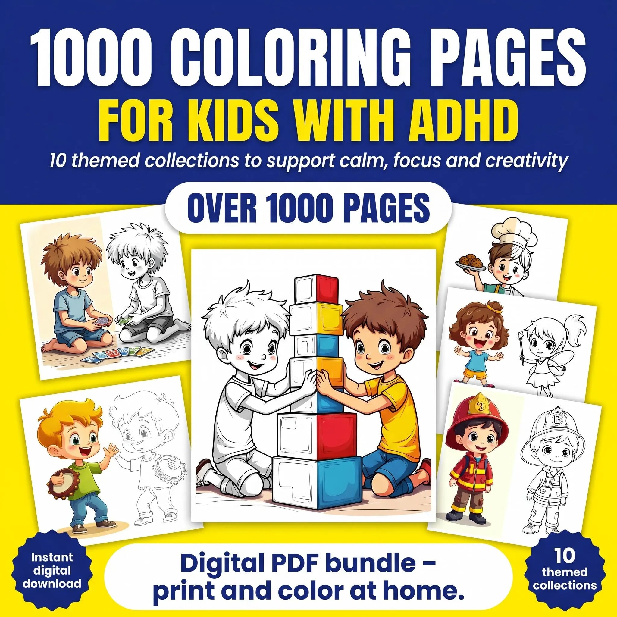 ADHD coloring pages bundle cover for kids with printable PDF pages, 1000+ designs, and calming creative activities
