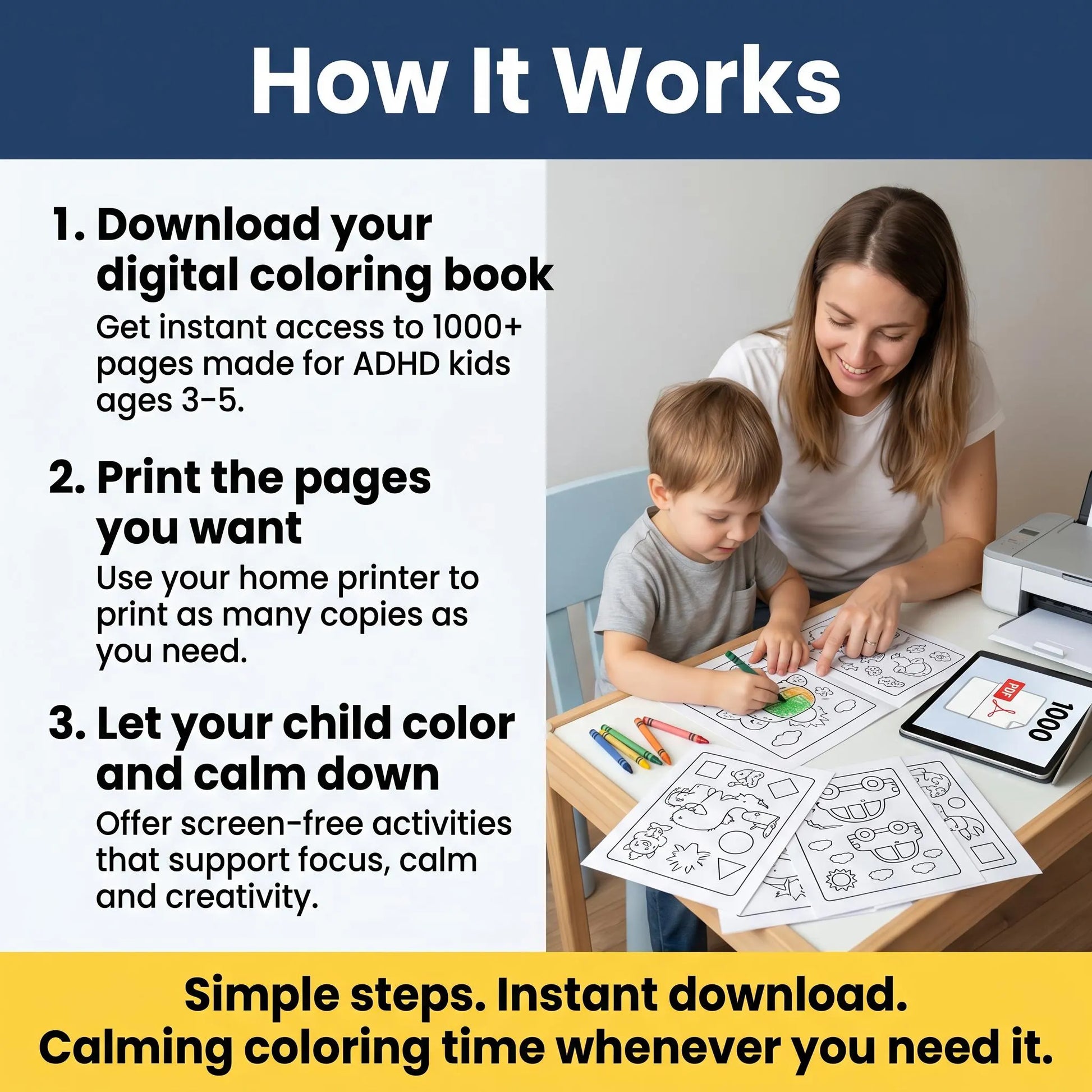 Parent and child review simple steps for downloading, printing, and coloring ADHD pages at home