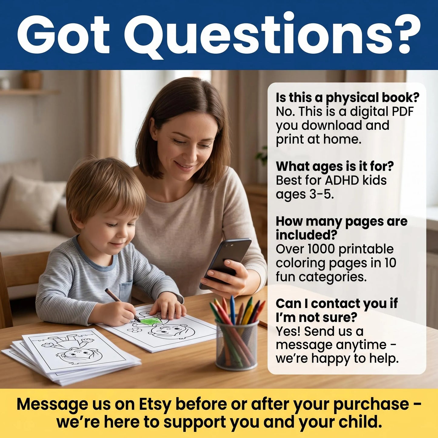 Parent and child sit with printable coloring pages, showing customer support for the ADHD coloring bundle