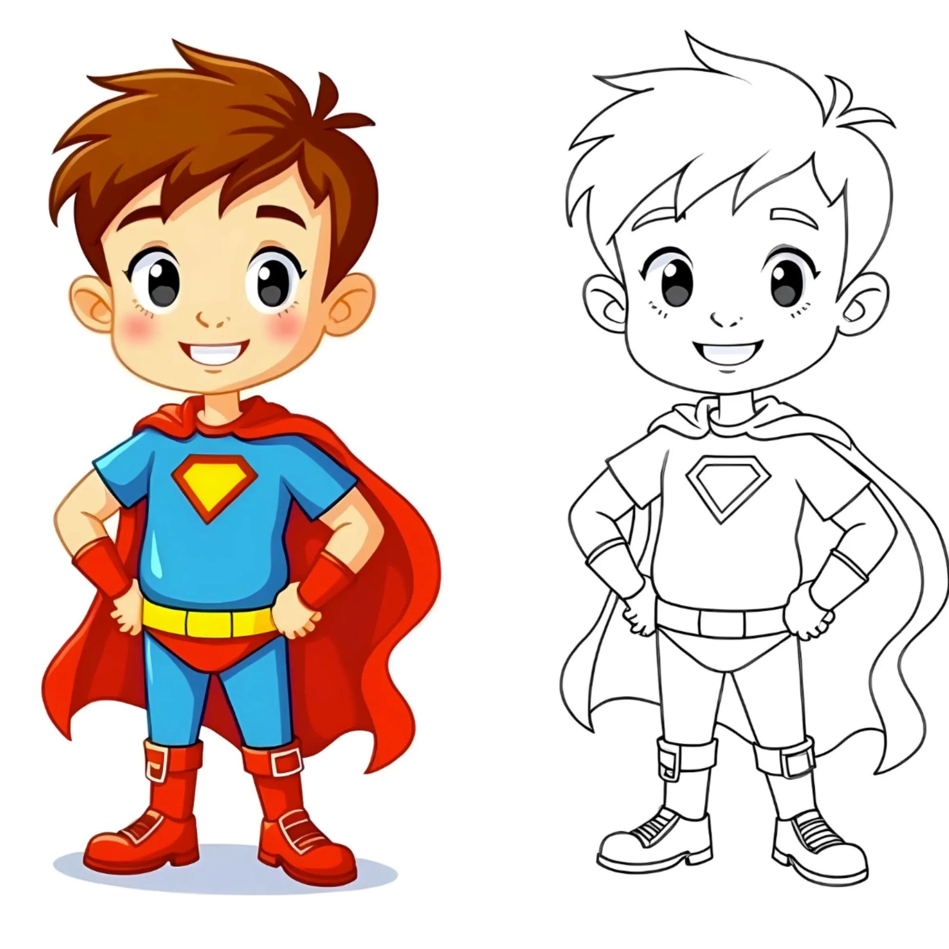 Superhero boy stands beside his black-and-white outline, previewing printable ADHD coloring pages for kids.

