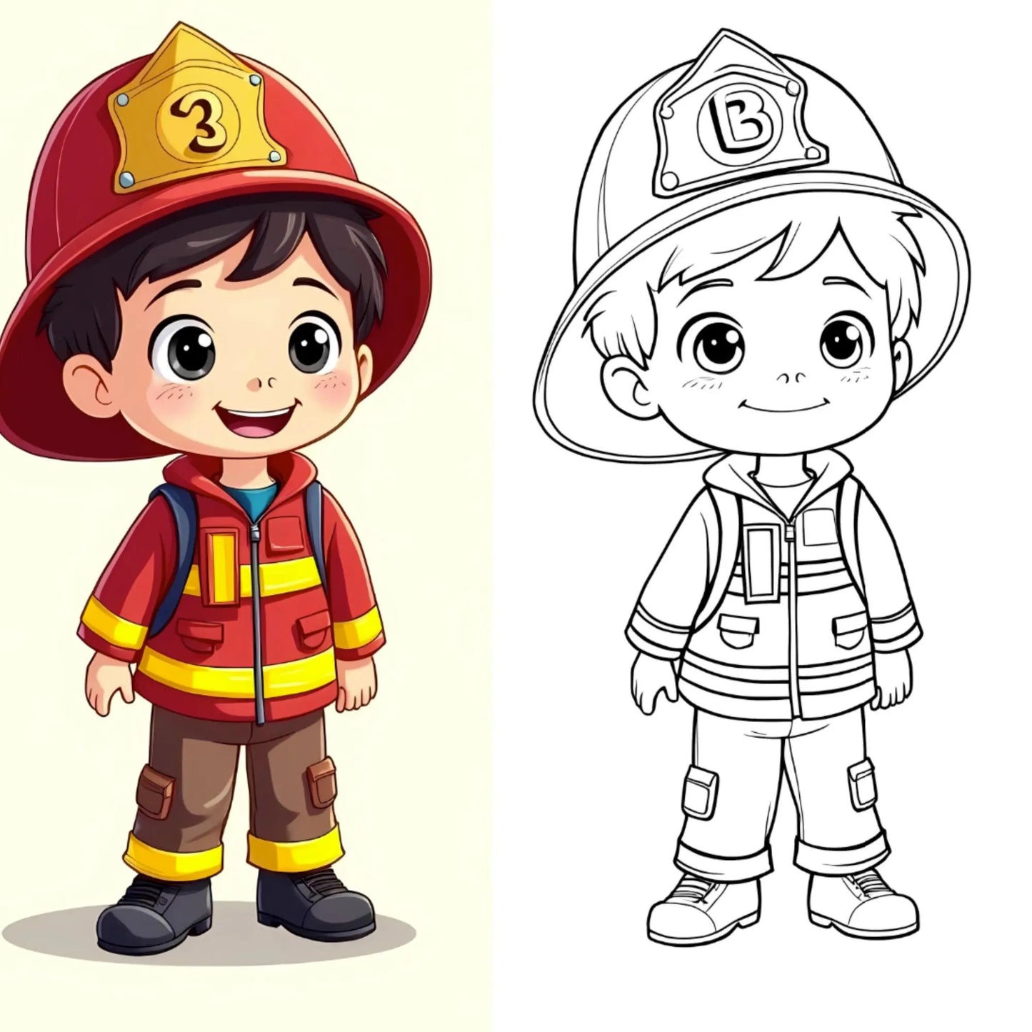 Firefighter child character appears in color and outline versions, showing printable ADHD coloring pages for kids