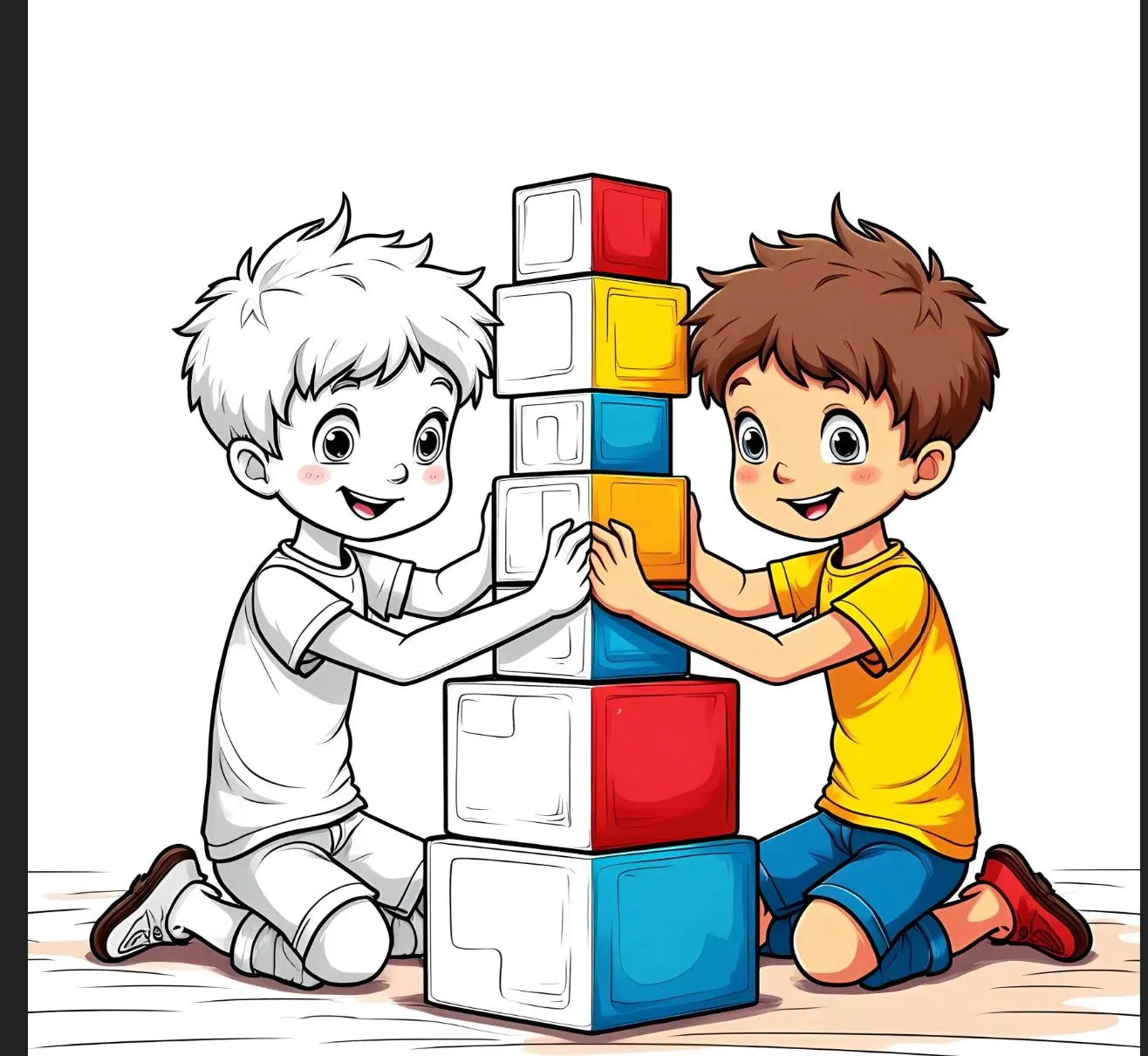 Two children stack colorful blocks beside a matching outline drawing, previewing printable ADHD coloring pages