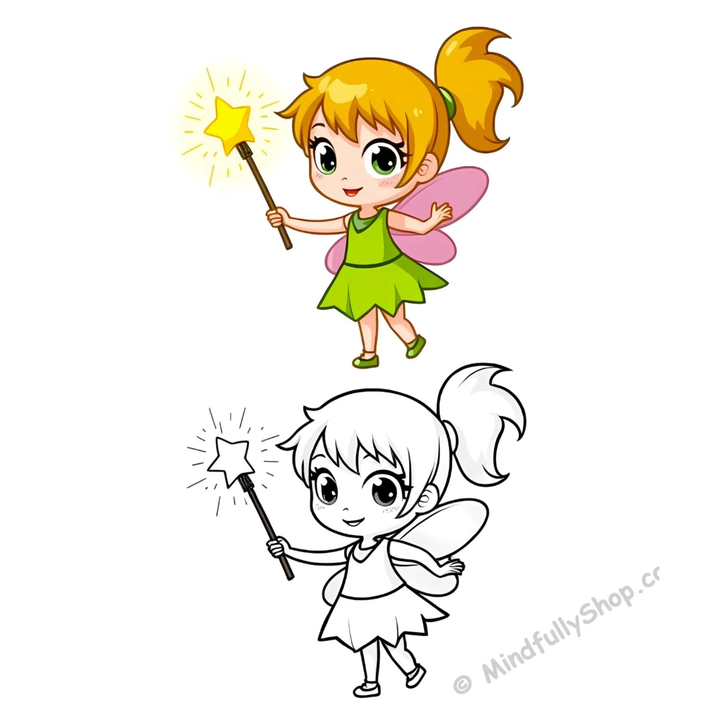 Fairy girl with wand appears in color and outline versions, previewing printable ADHD coloring pages for kids.