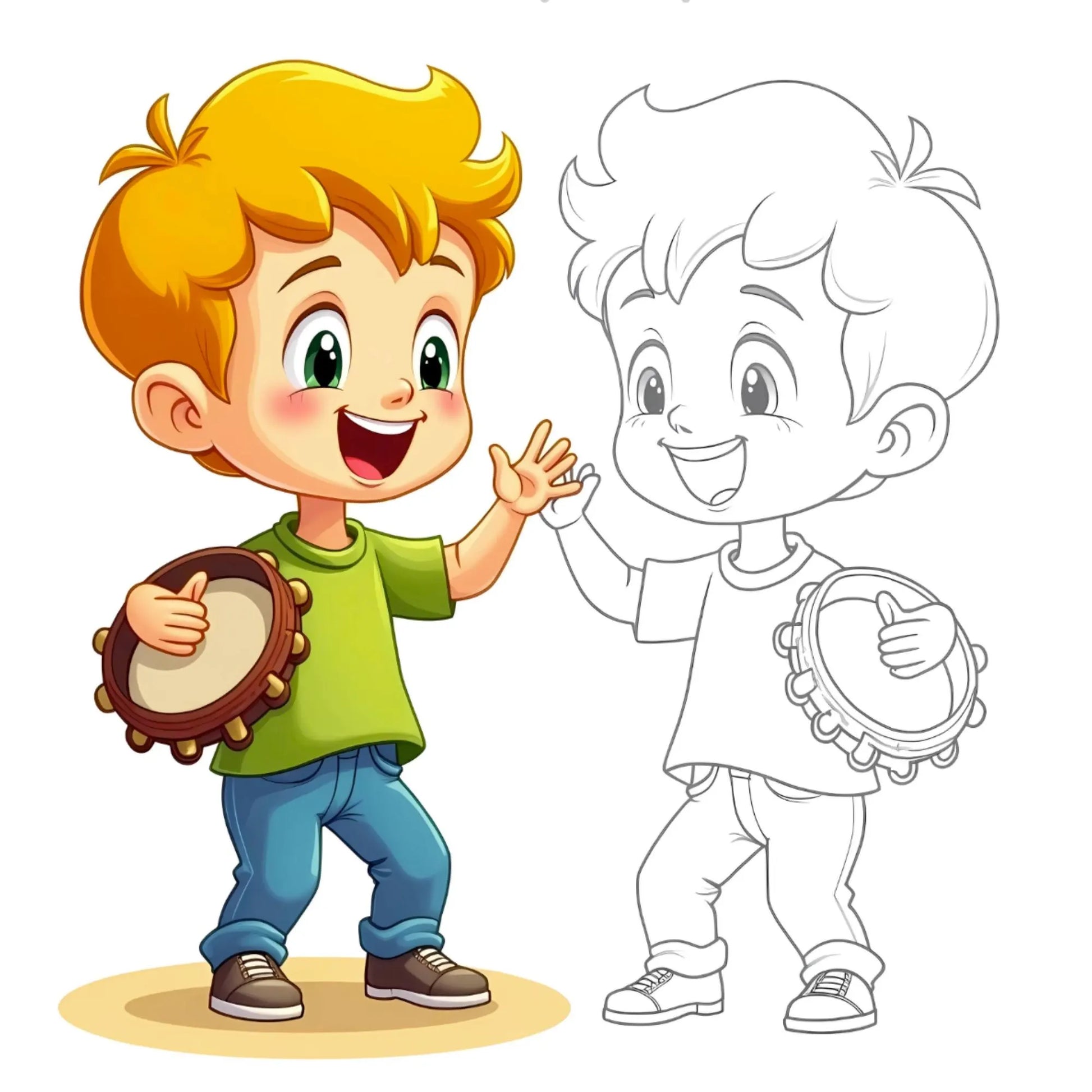 Smiling boy with headphones appears in color and outline versions, previewing printable ADHD coloring pages.