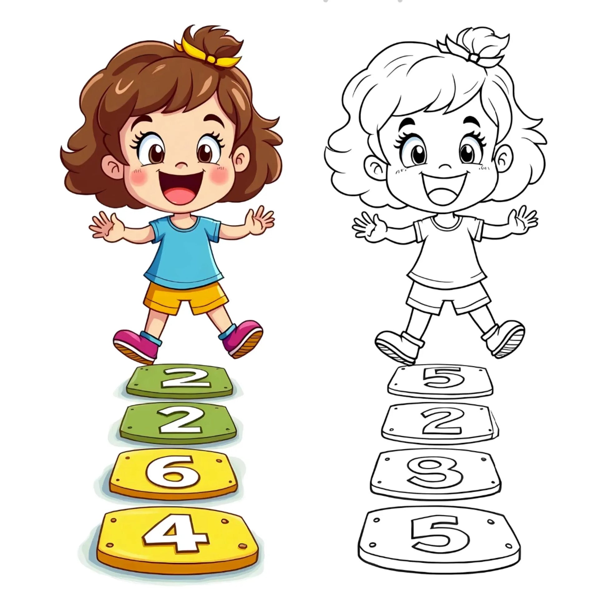 Girl jumping on hopscotch appears in color and outline versions, showing printable ADHD coloring pages for kids.

