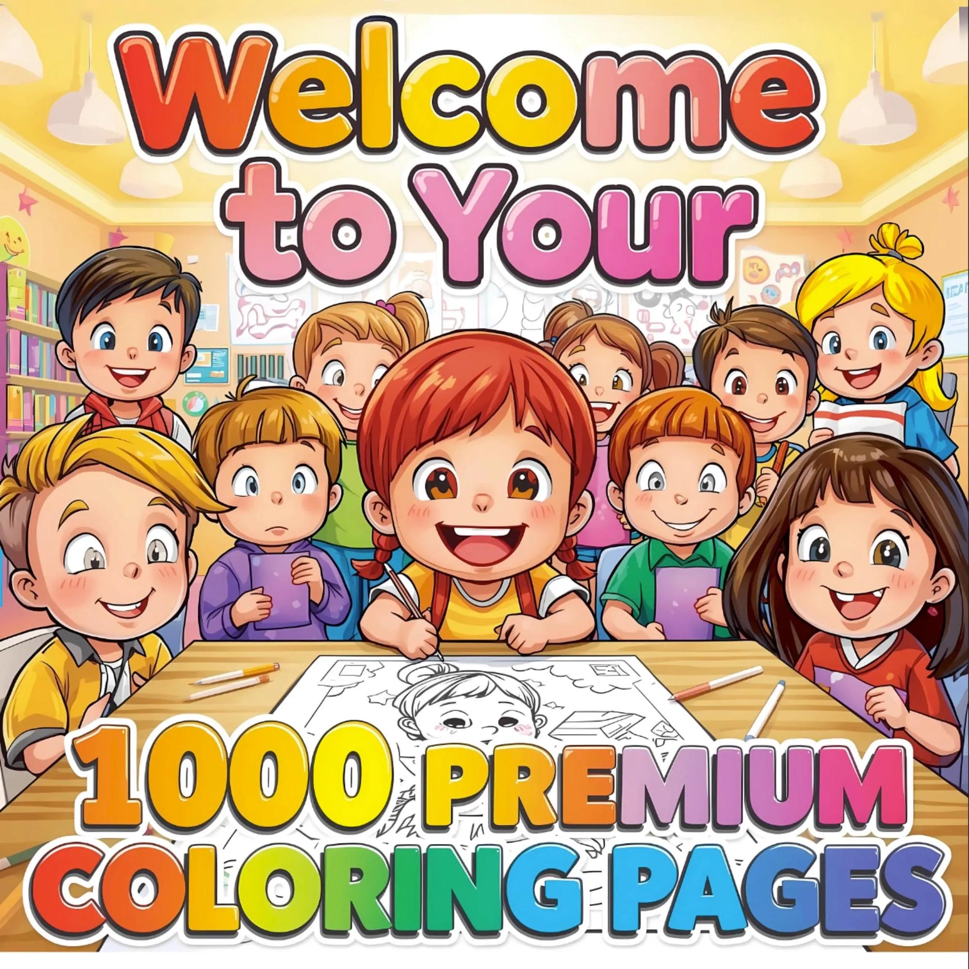 Welcome page with cheerful cartoon children introduces a 1000-page ADHD coloring bundle for calm and creativity