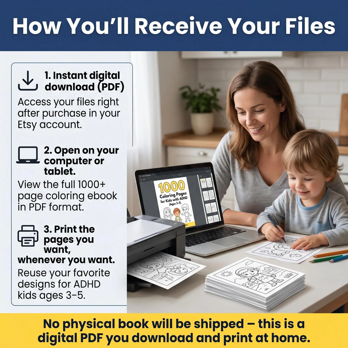 Laptop and tablet display ADHD coloring files, highlighting instant digital download and easy home printing