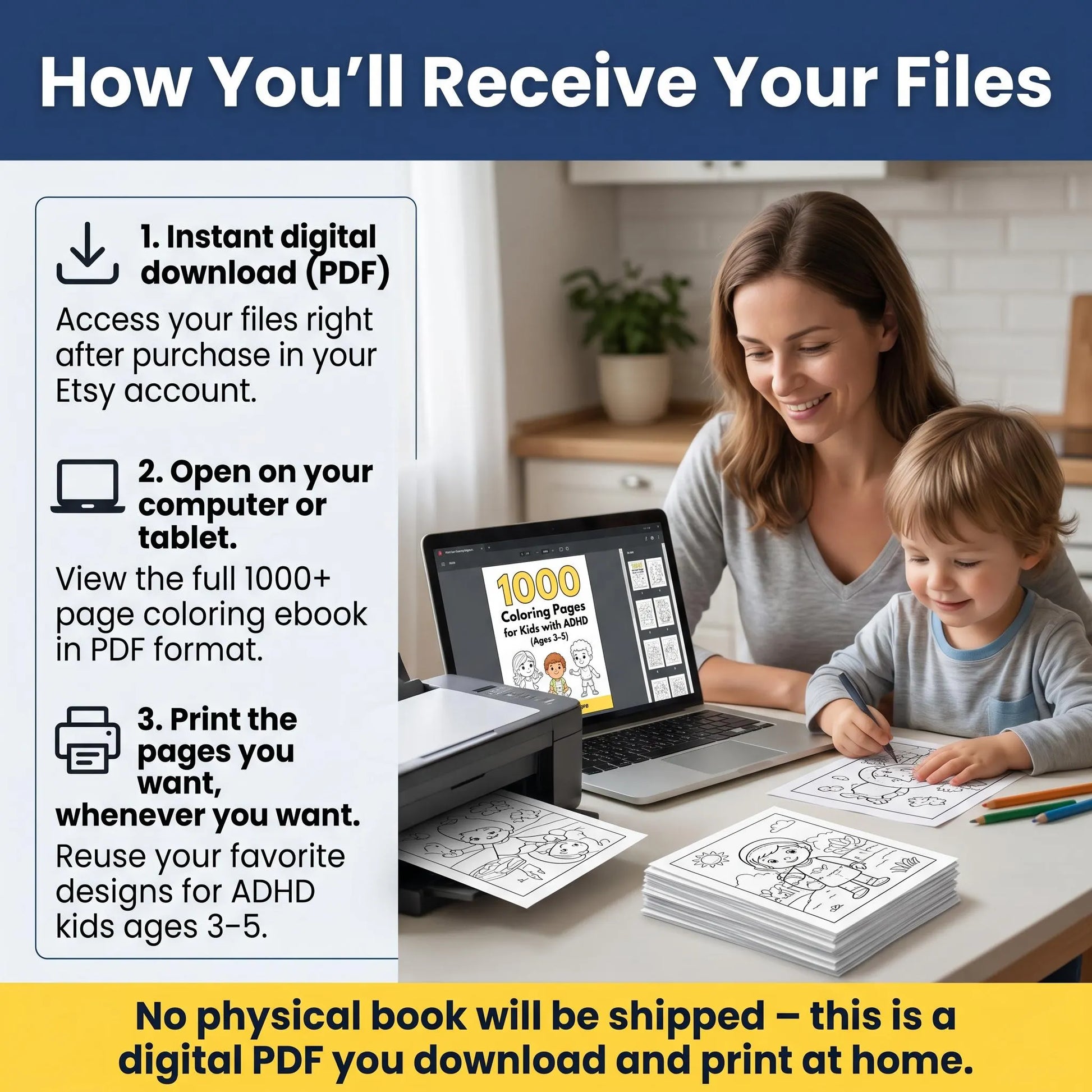 Laptop and tablet display ADHD coloring files, highlighting instant digital download and easy home printing
