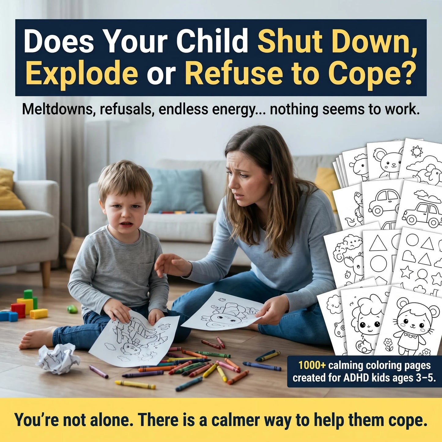 Parent helping upset child with coloring pages, highlighting support for emotional overwhelm, refusal, and restlessness