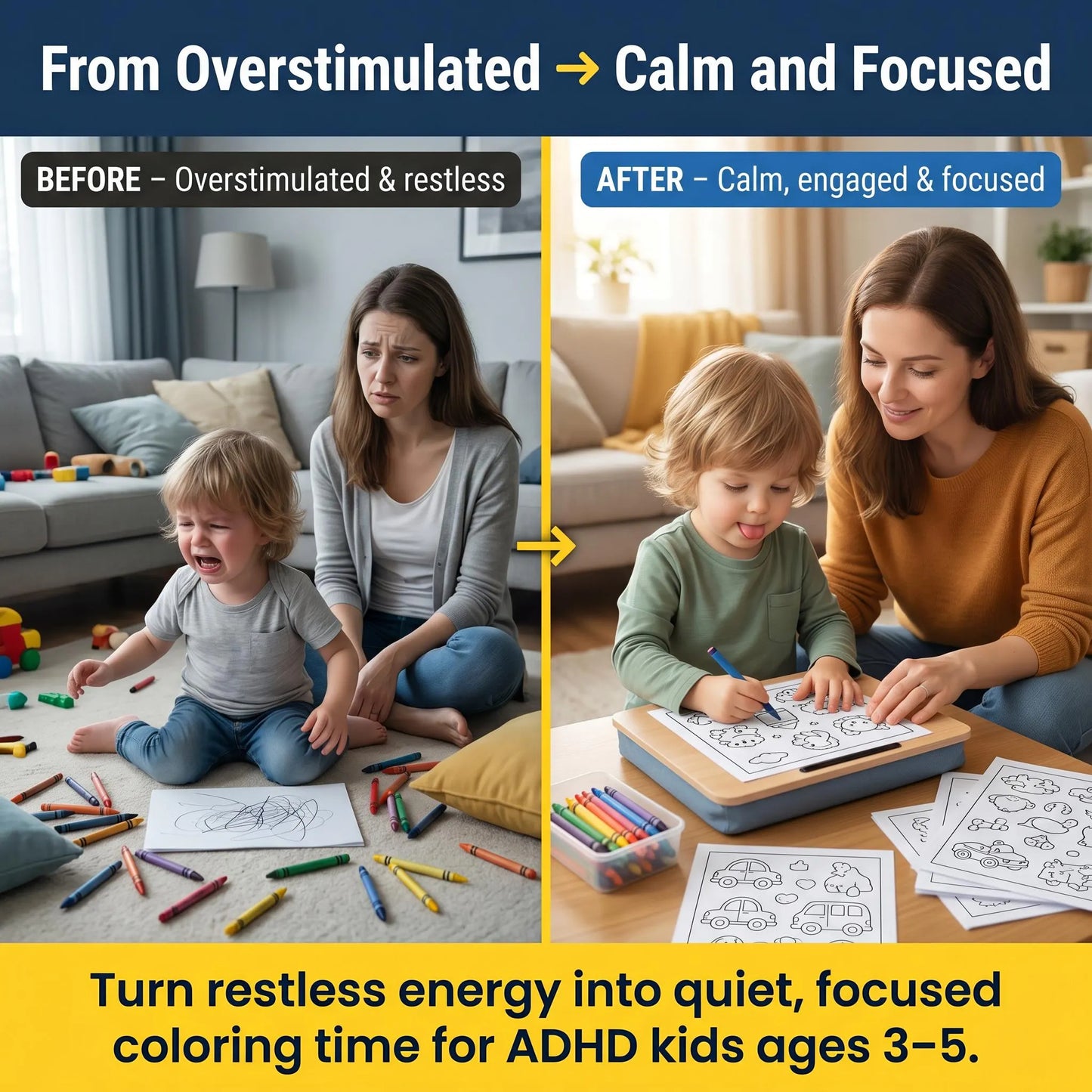 Parent and child color together at a table, showing a shift from overstimulation to calm, focused activity