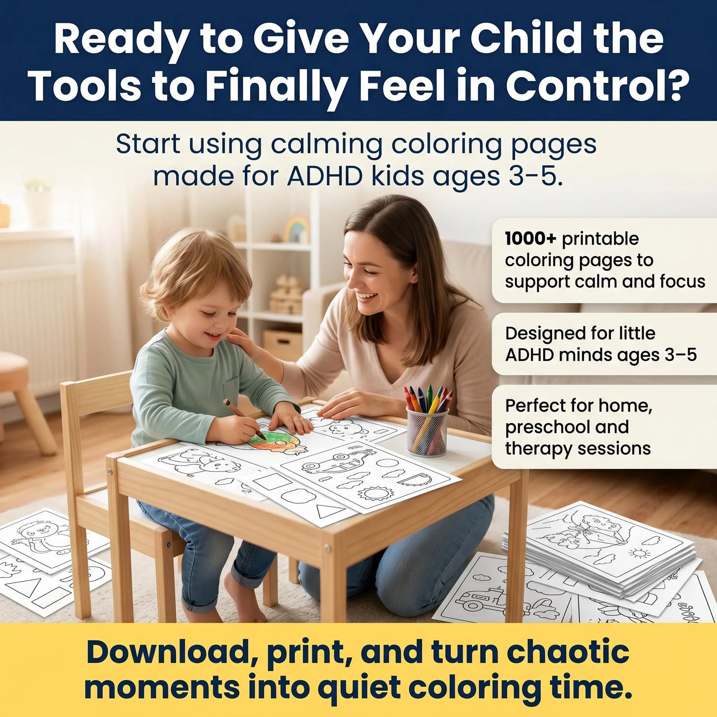 Parent and child color together at a desk, showing calming ADHD activities that support focus and emotional regulation