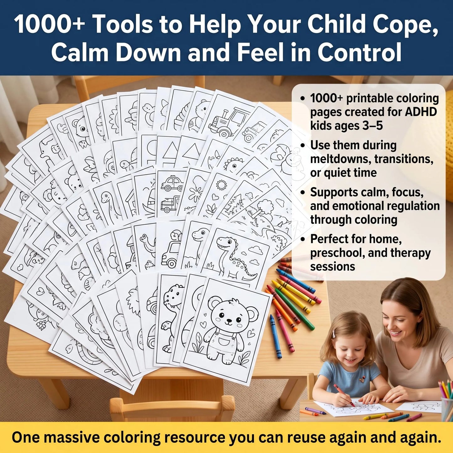 Large stack of printable coloring pages fans out on a table, showing a massive ADHD coloring bundle for calm.

