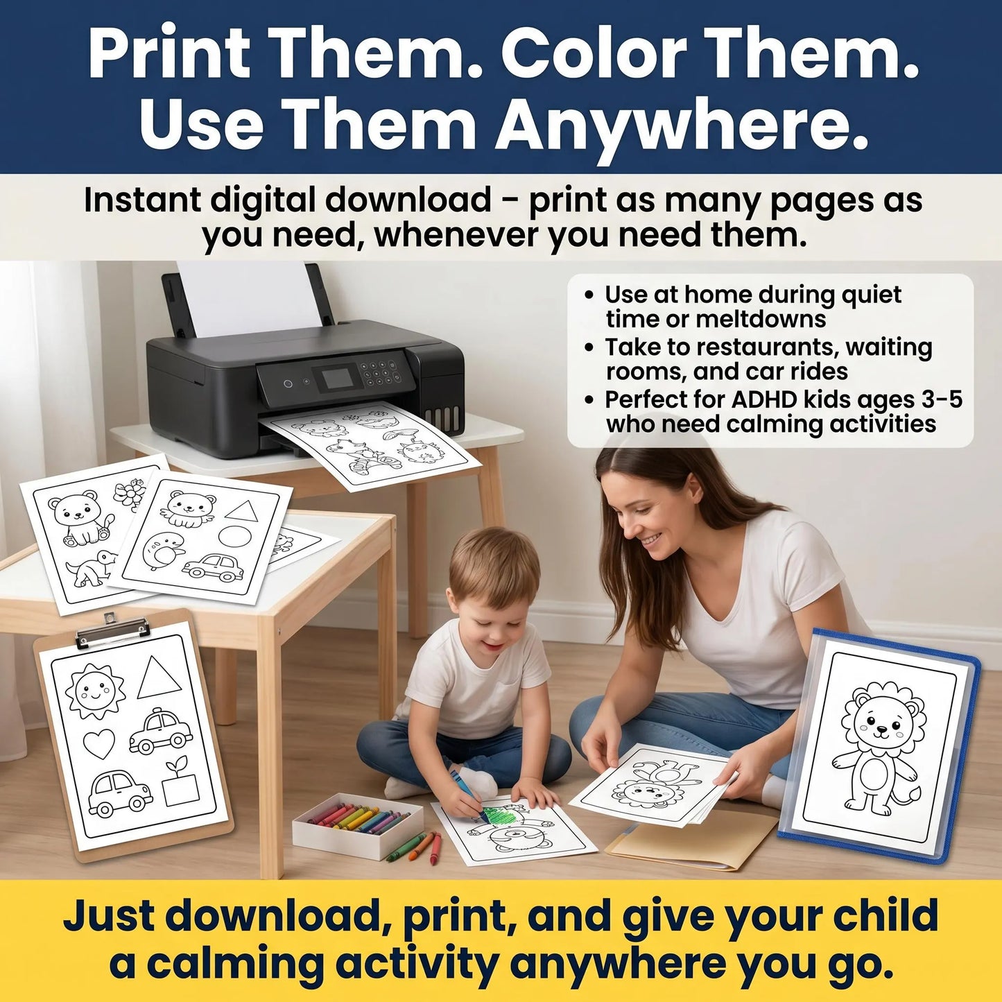 Parent and child print and color ADHD worksheets at home, showing easy digital download and flexible daily use