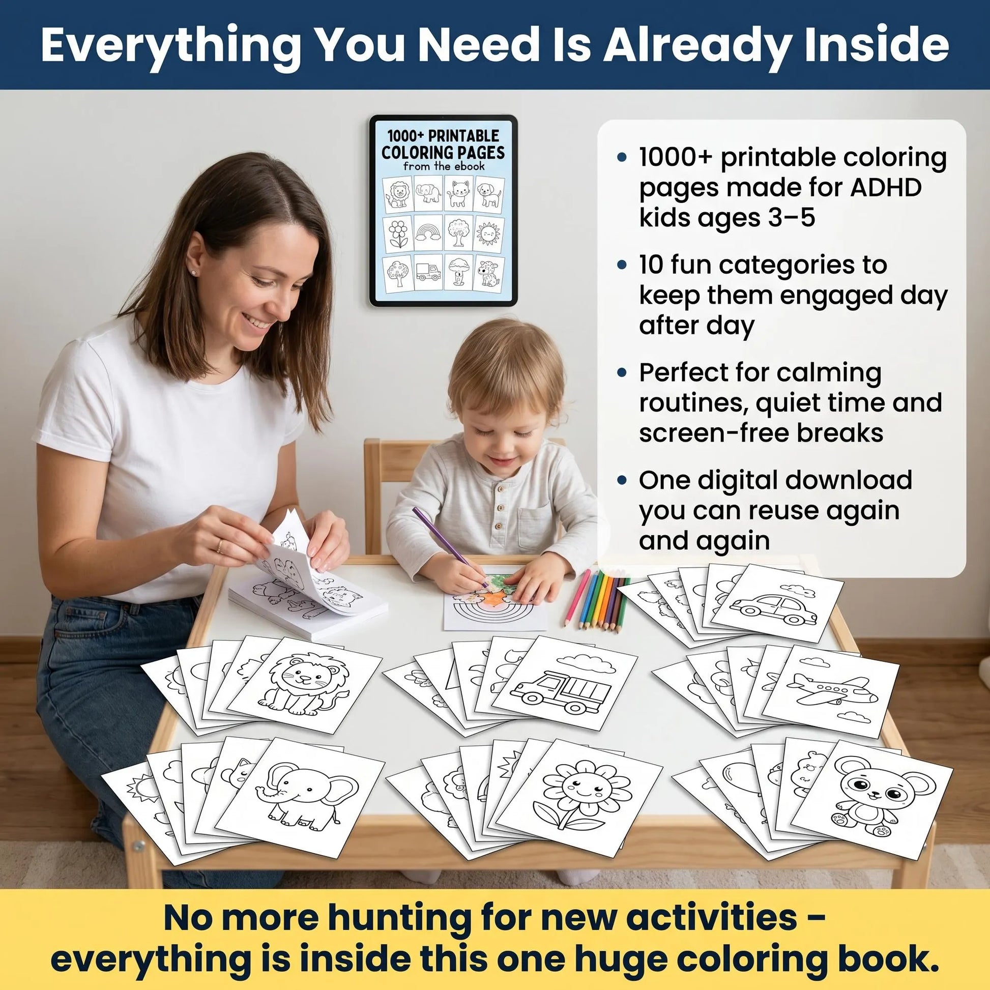 Parent and child sit with printed coloring pages, highlighting a complete ADHD activity bundle ready to use.