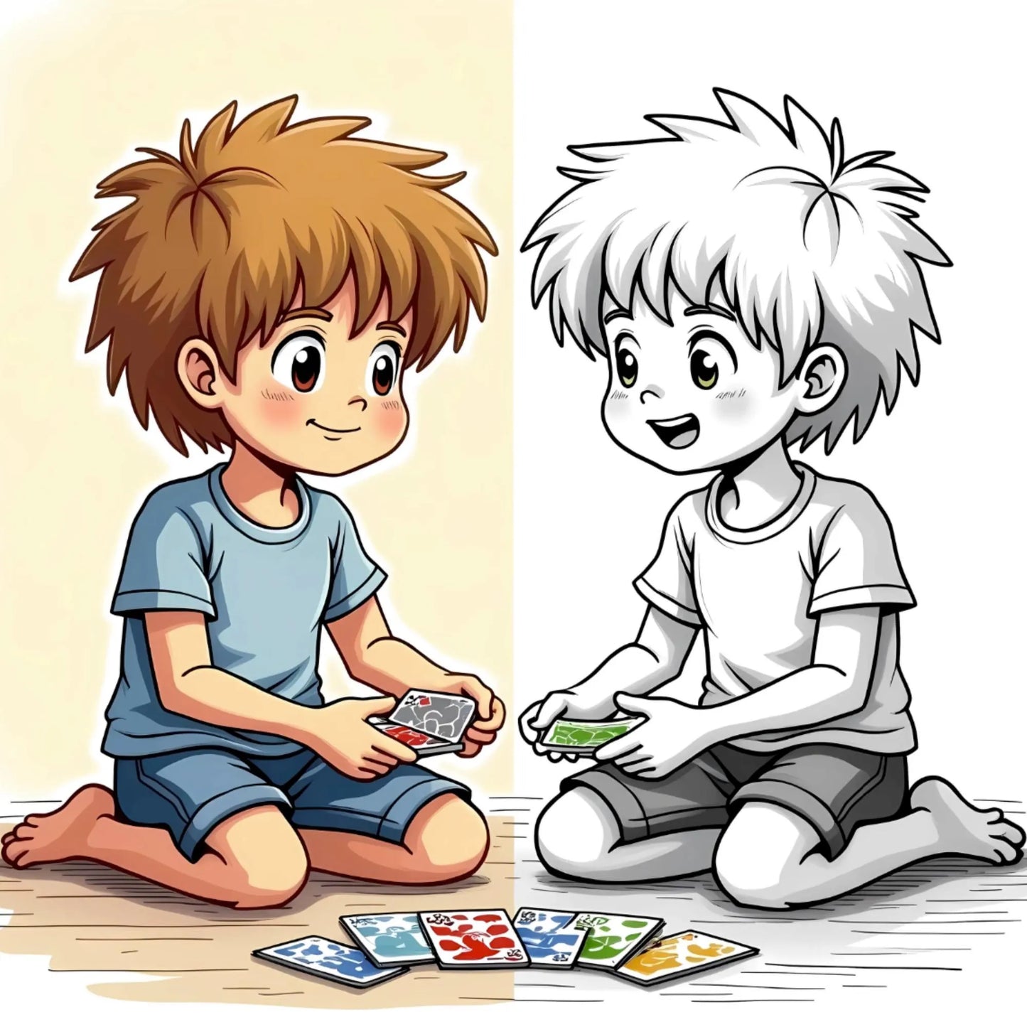 Two children drawing on the floor appear in color and outline, previewing printable ADHD coloring pages.