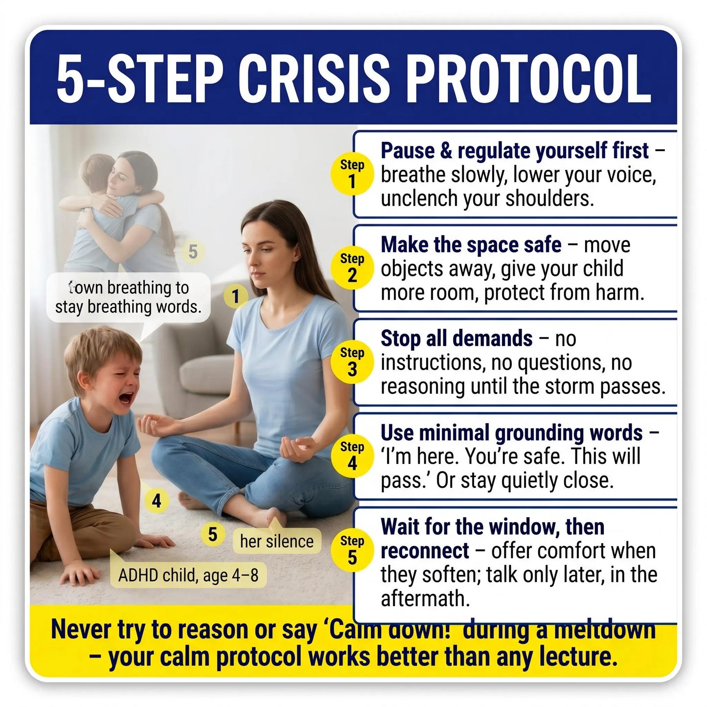 5-Step Crisis Protocol for ADHD meltdowns: Regulate yourself, ensure safety, stop demands, offer grounding words, then reconnect. Parent and child managing ADHD emotional dysregulation.