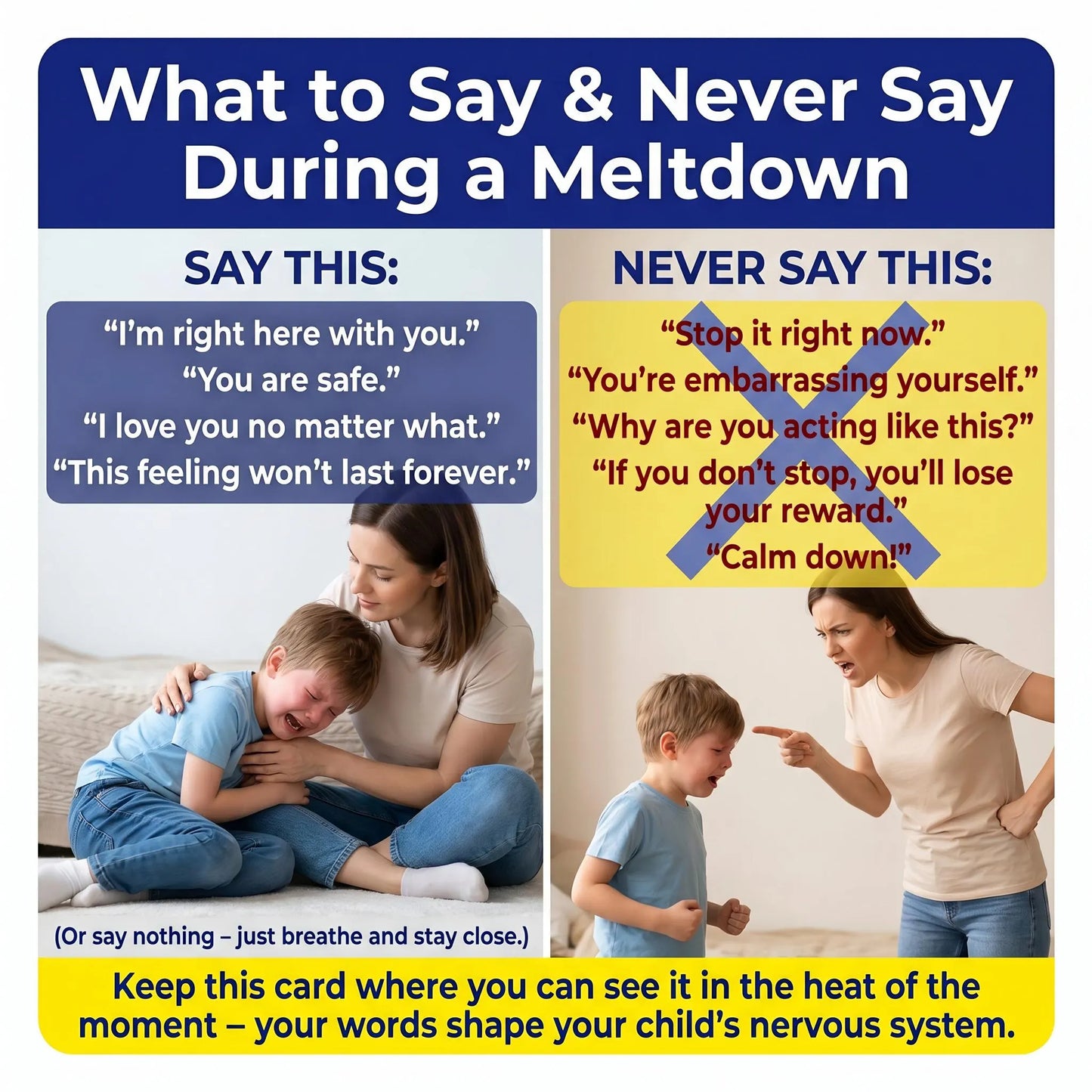 What to say and never say during meltdown: Supportive phrases (I'm right here, you're safe, I love you) versus escalating statements (stop it, why are you acting like this, calm down). Parent guide reference card.