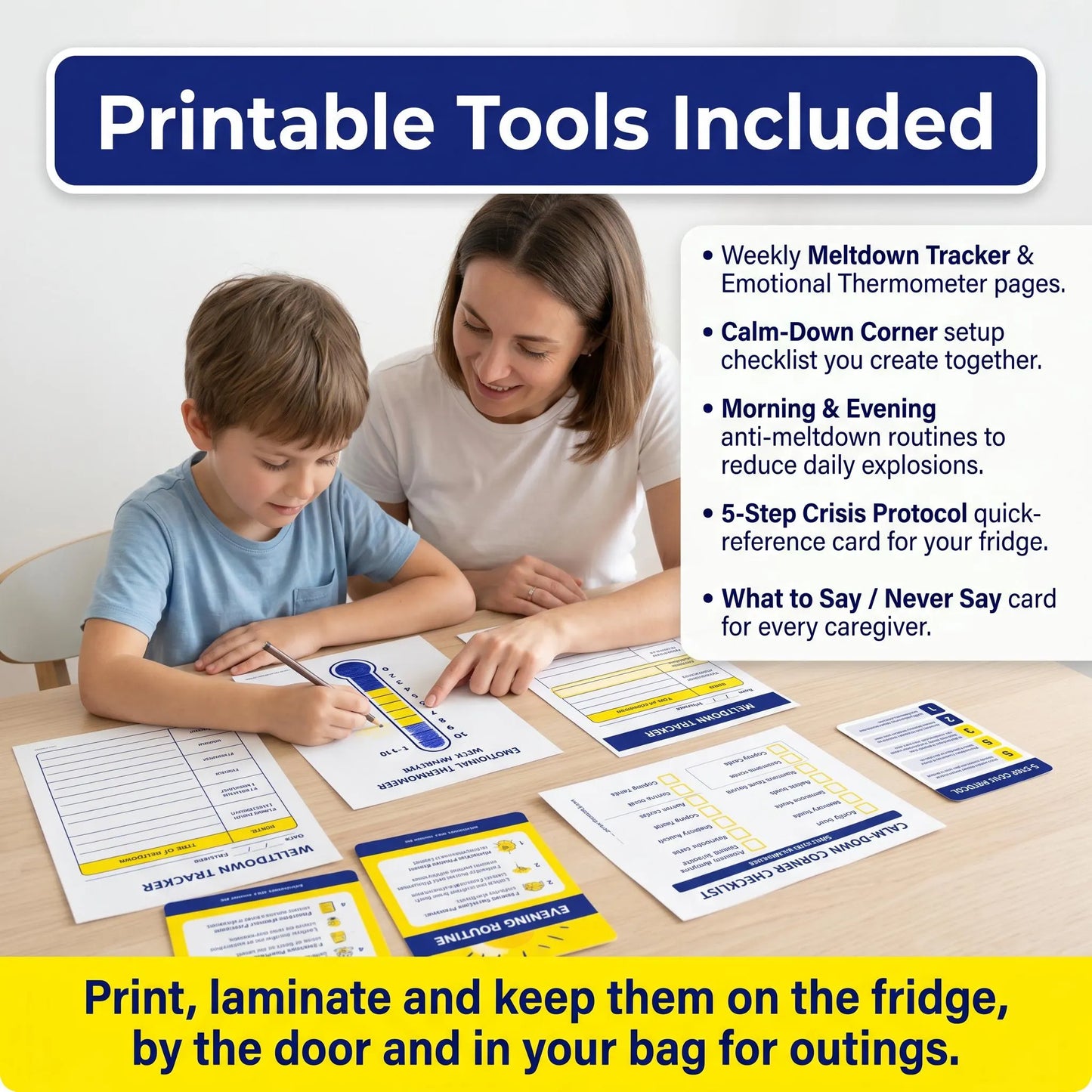 Printable ADHD tools included: Meltdown tracker, Calm-Down Corner checklist, morning/evening routines, crisis protocol card, what to say reference card. Print, laminate and display.