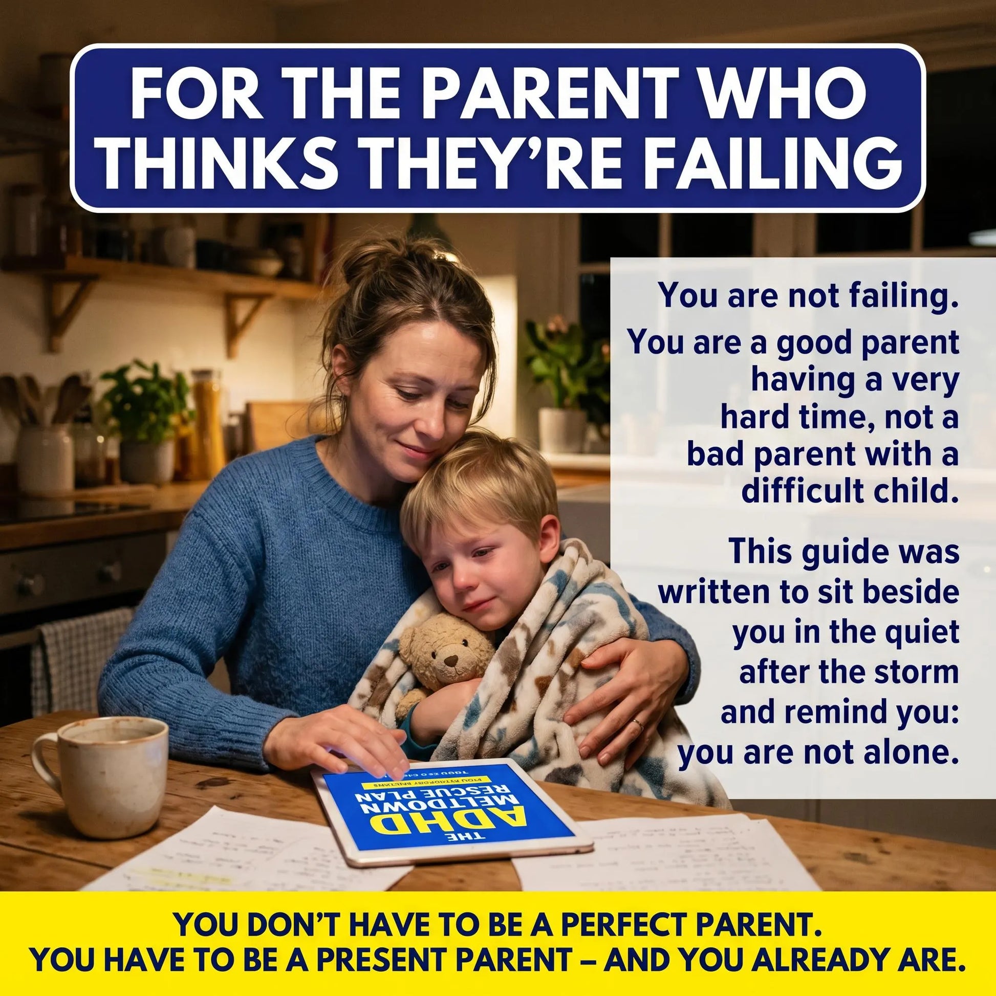 Parent and child reading ADHD Meltdown Rescue Plan together. Reassurance message: You are not failing. You are a good parent having a very hard time. You are not alone.