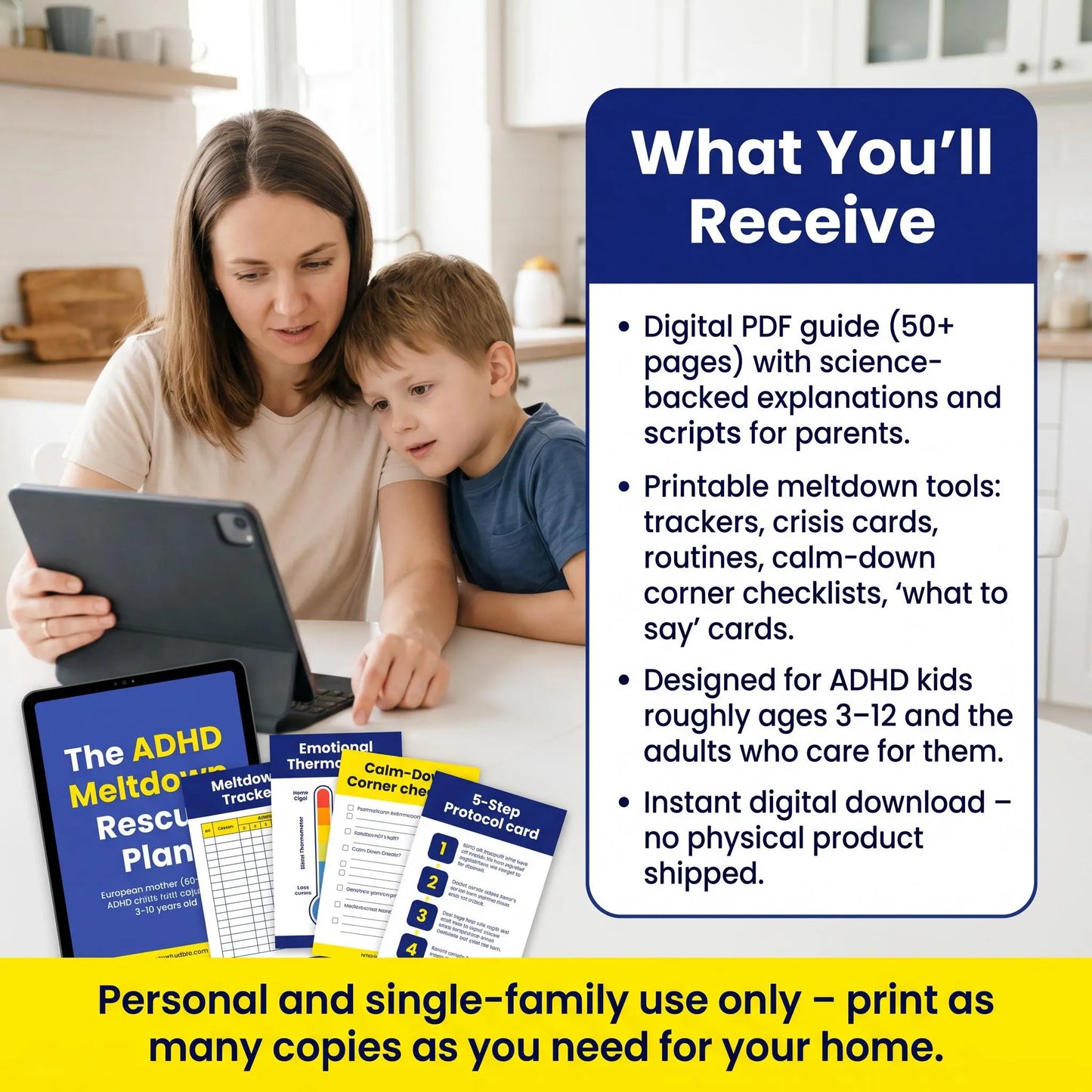 What you'll receive: 50+ page ADHD Meltdown Rescue Plan PDF, printable tools (trackers, crisis cards, routines, checklists), instant download. For ages 3-12 and caregivers.