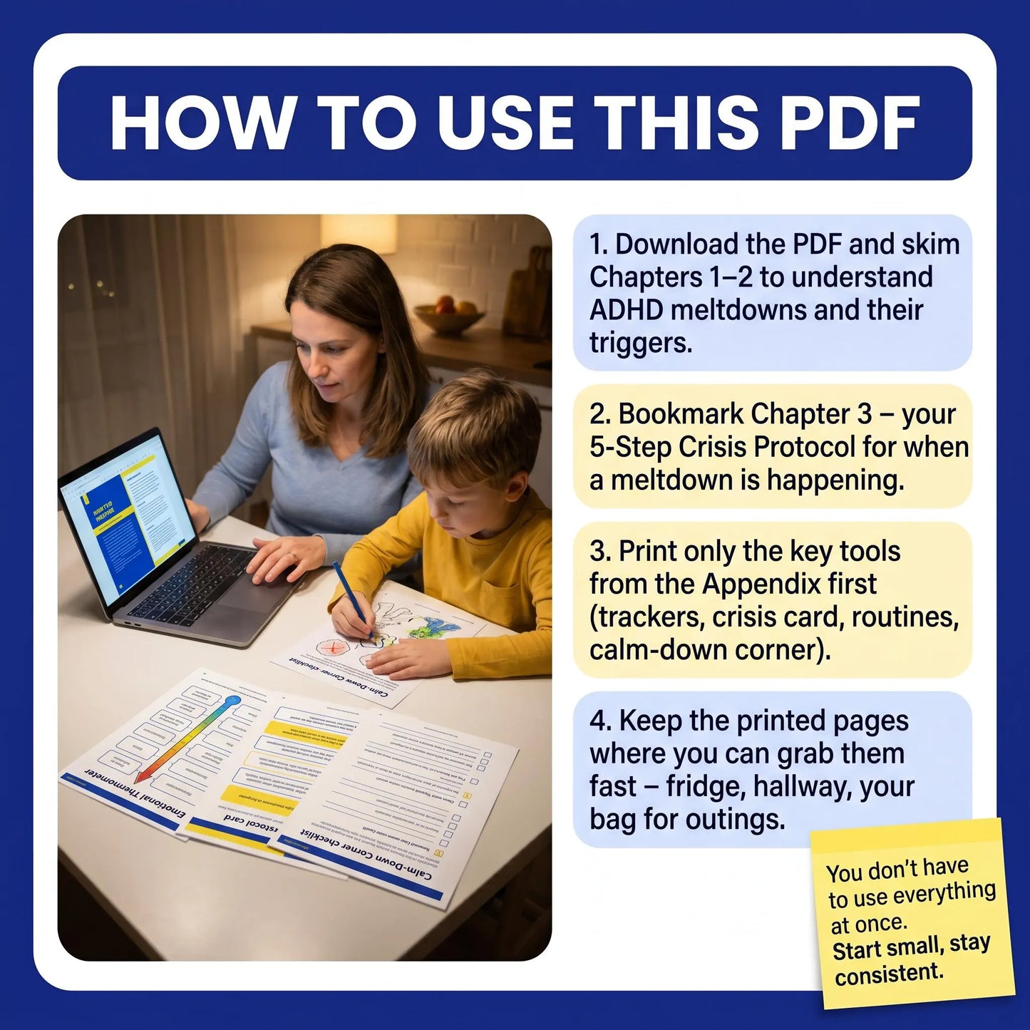 How to use this PDF: Parent and child studying guide together with laptop, printable worksheets and trackers. Step-by-step instructions for using the ADHD meltdown resource.