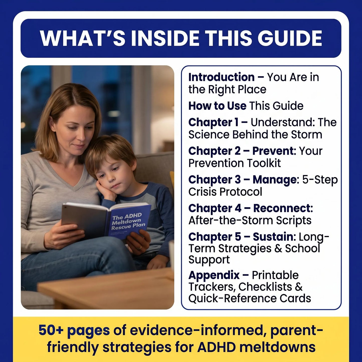 Parent and child reading The ADHD Meltdown Rescue Plan together. 50+ pages of evidence-informed parenting strategies covering five chapters plus printable tools and checklists..