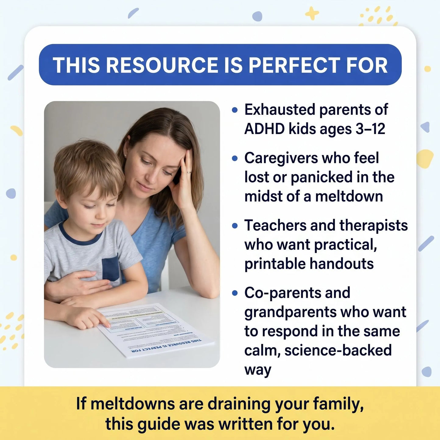 Parent and child reviewing ADHD meltdown guide printable tool. Perfect for exhausted parents, caregivers, teachers, therapists, and co-parents managing ADHD kids ages 3-12.