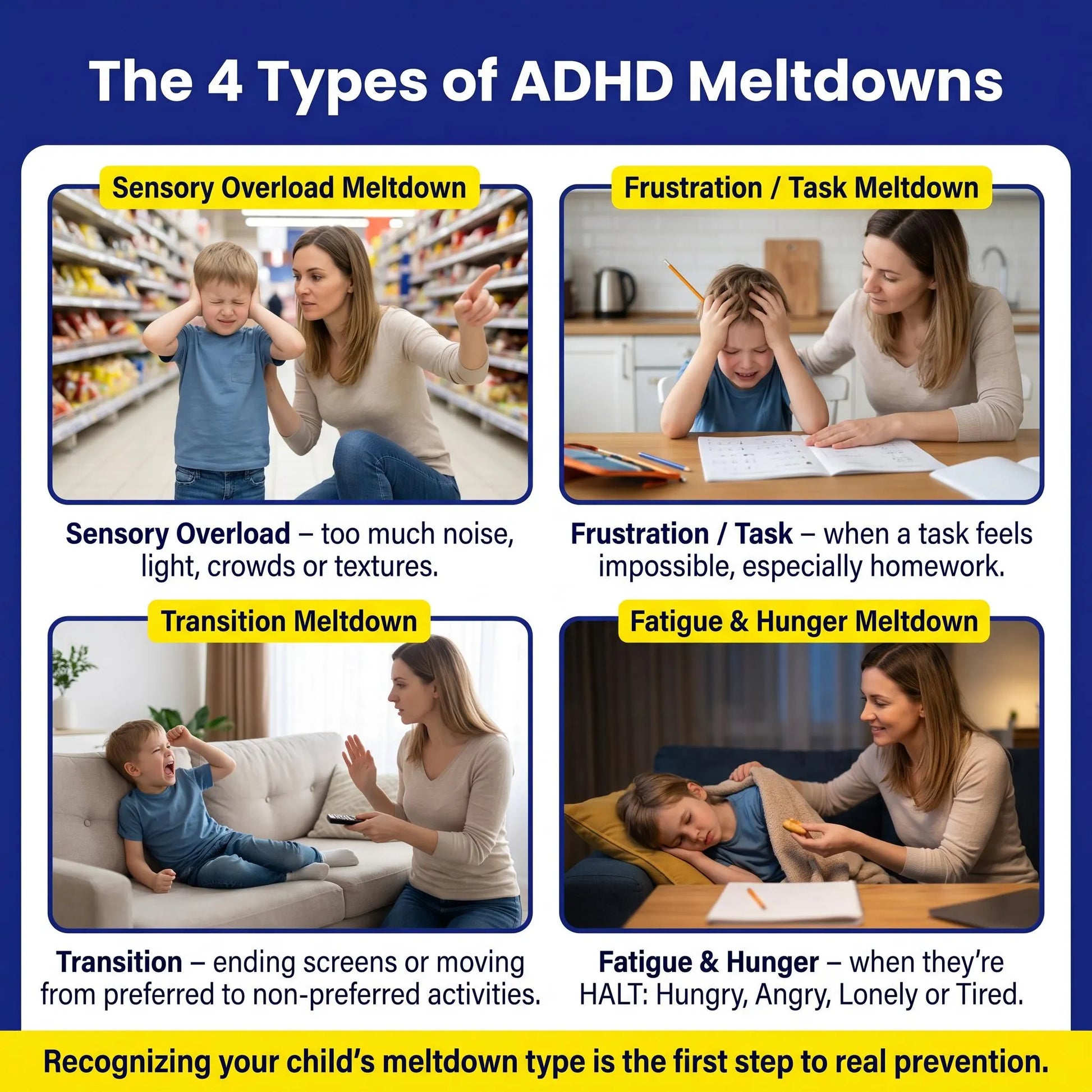 Four types of ADHD meltdowns: Sensory Overload (noise/crowds), Frustration/Task (homework), Transition (screen endings), Fatigue & Hunger (HALT state). Prevention guide infographic.