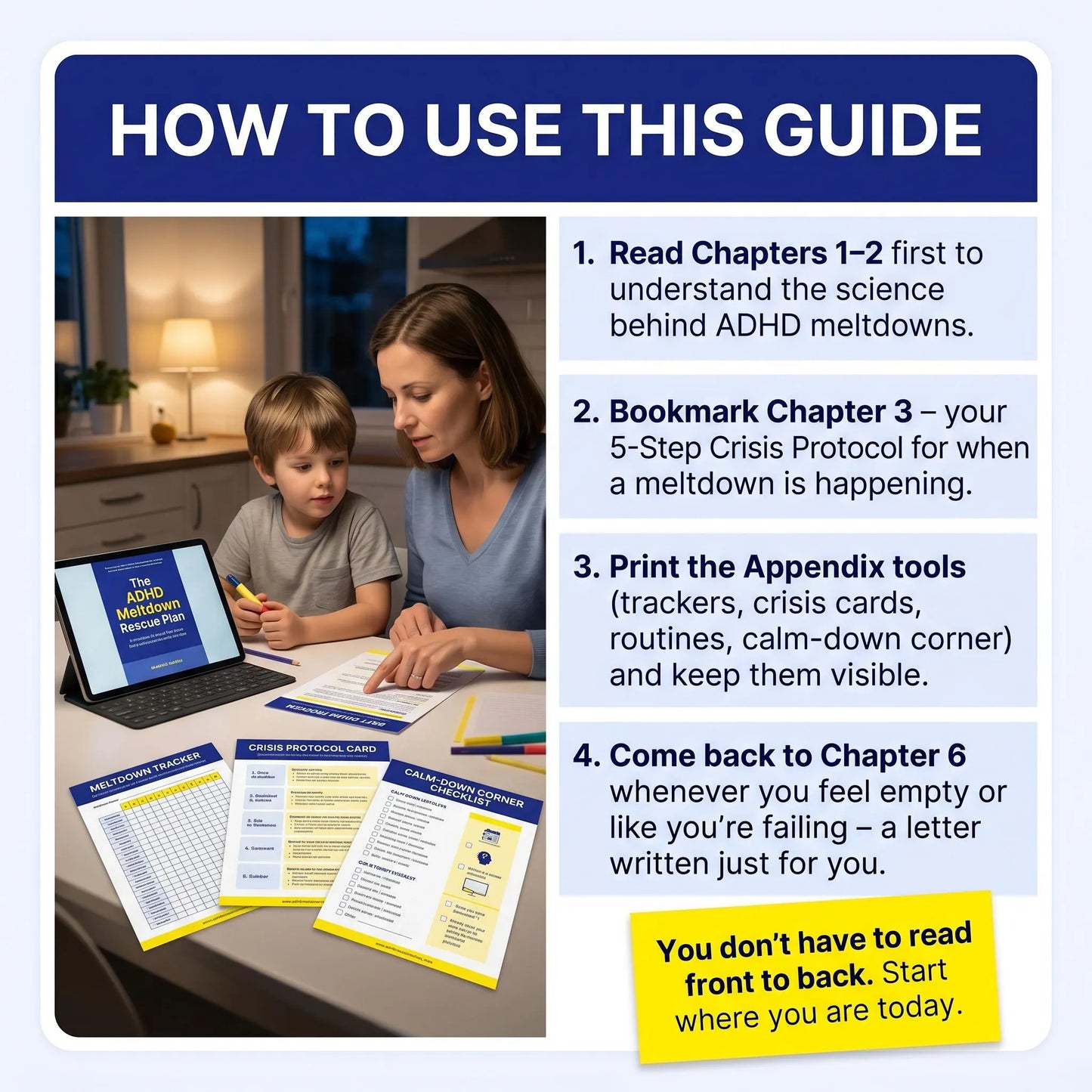 How to use this guide: Parent and child reading ADHD Meltdown Plan on tablet with printed tools (tracker, protocol card, routine checklists, calm-down corner checklist). Four-step instructions.