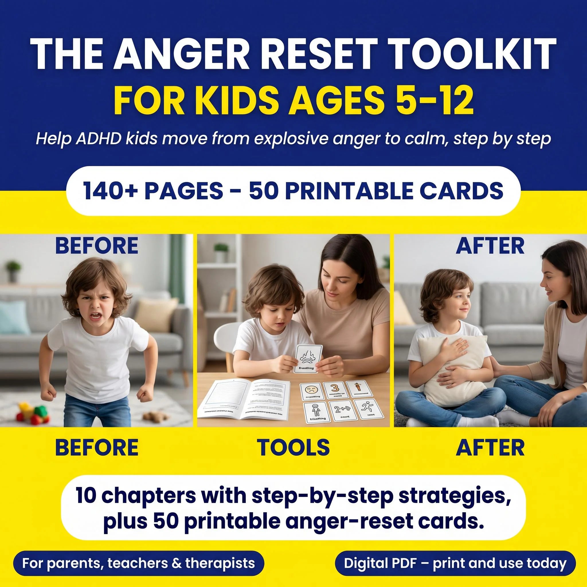 ADHD anger management workbook cover for kids ages 5-12 with before-and-after scenes, 140+ pages and printable cards.
