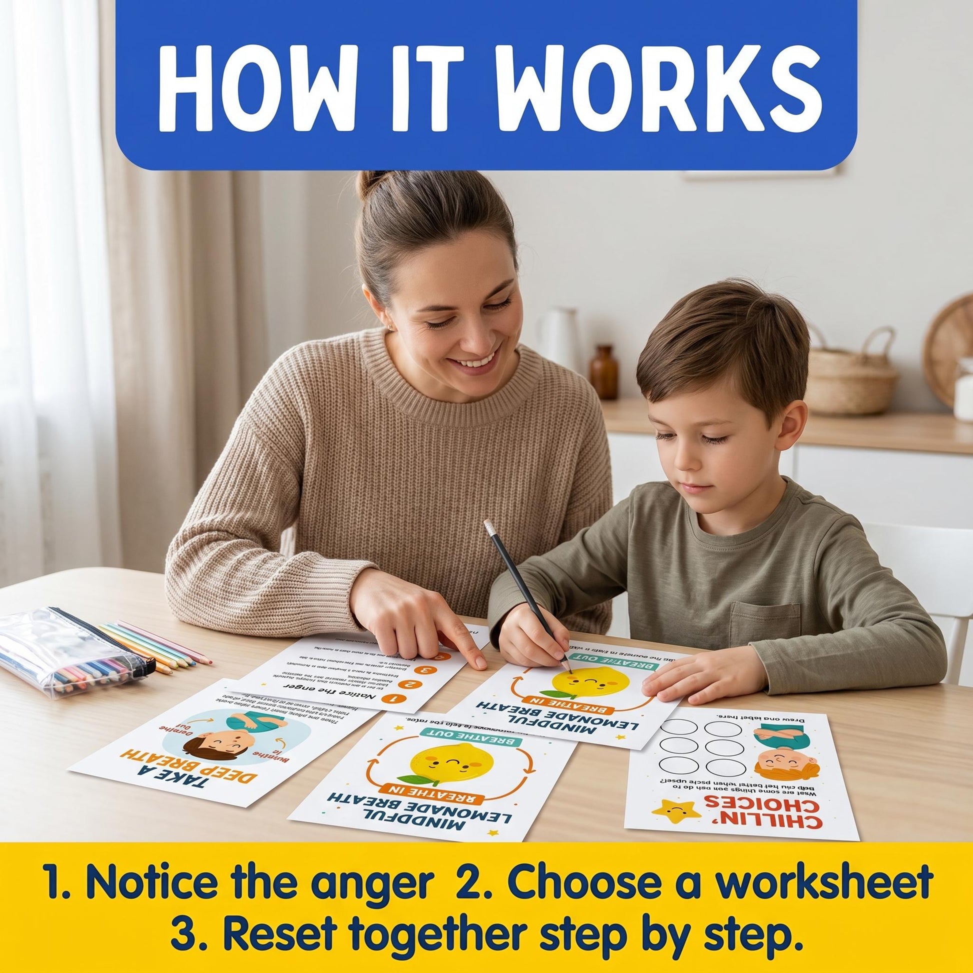 How it works: Parent and child reviewing anger worksheets together with a simple step-by-step process for noticing feelings and choosing tools.