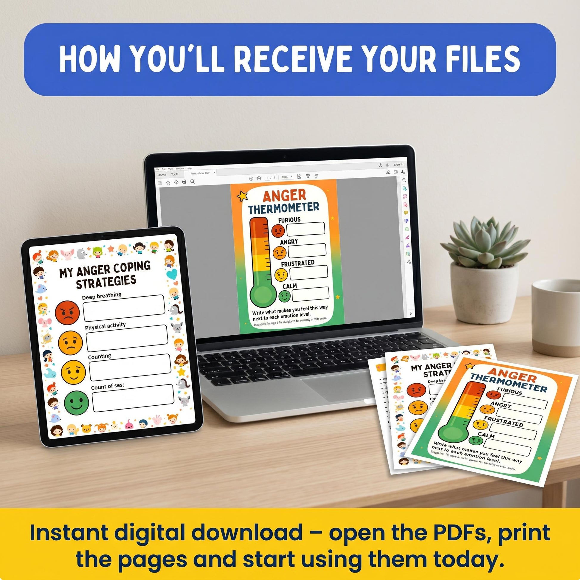 How you'll receive your files: Tablet and laptop displaying printable anger worksheets, showing instant digital download ready to print and use.