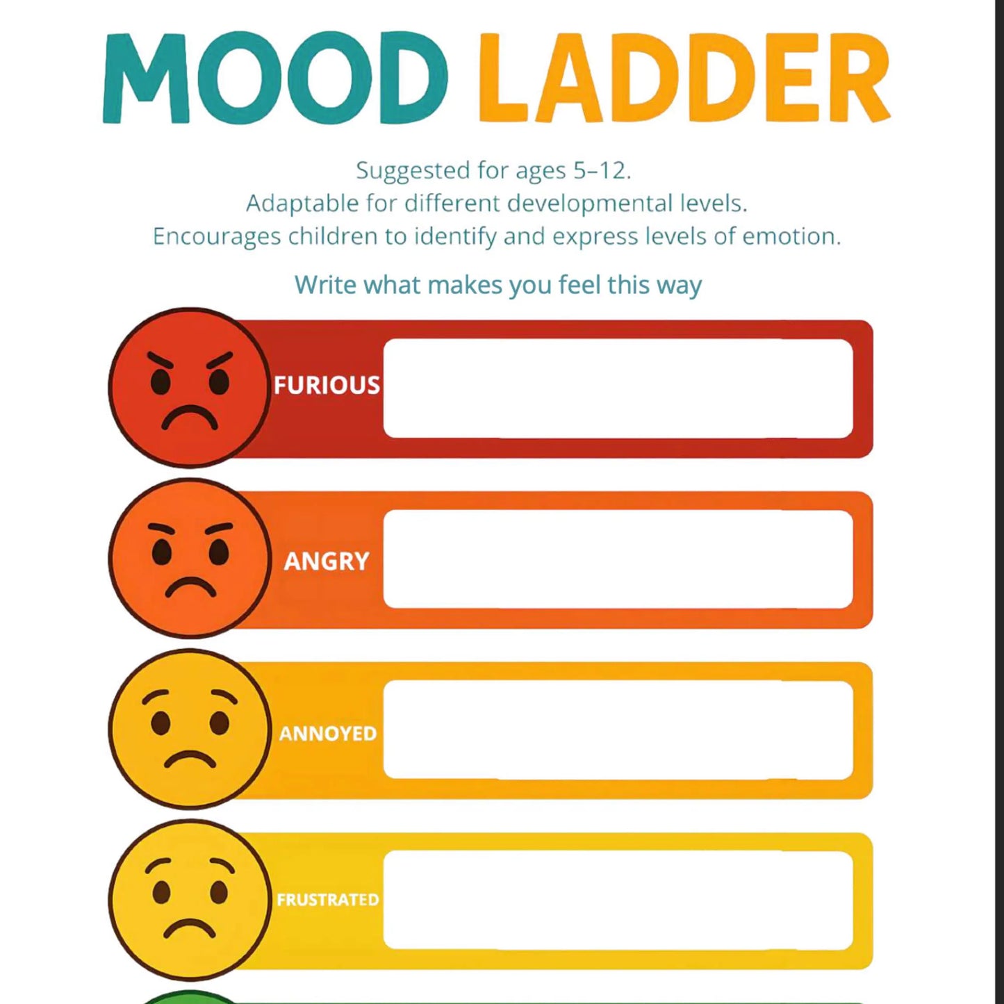 Mood ladder worksheet with emoji faces from calm to furious, helping kids track rising anger and emotional intensity.