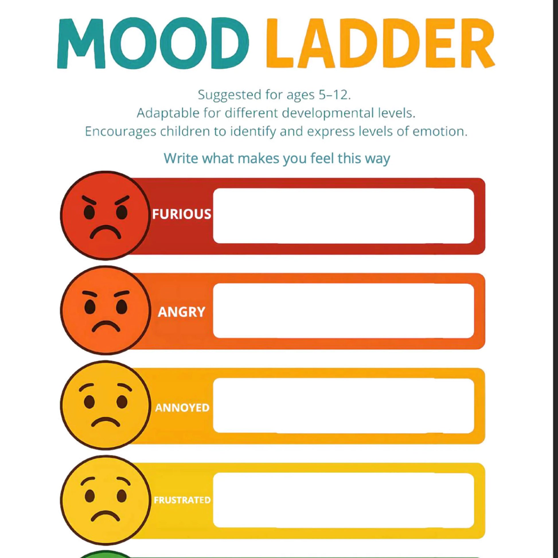 Mood ladder worksheet with emoji faces from calm to furious, helping kids track rising anger and emotional intensity.