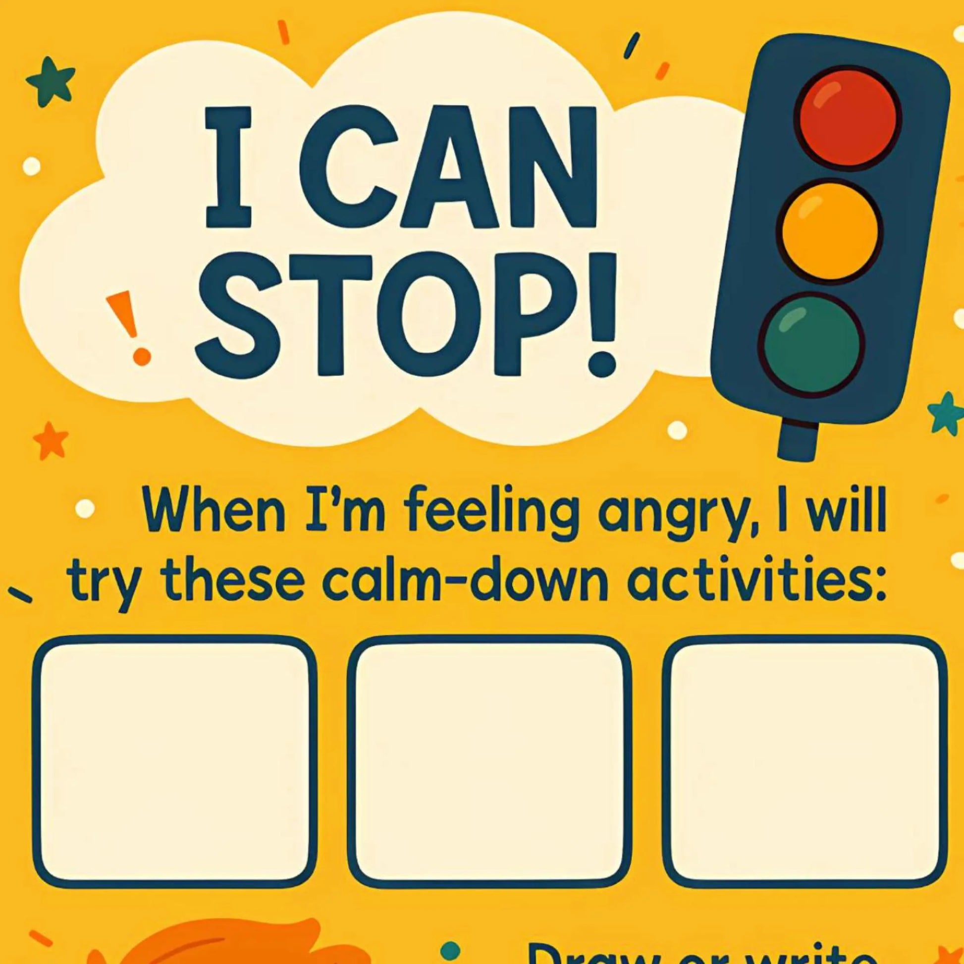 I can stop card: Traffic-light calm-down worksheet with spaces for coping activities, helping kids pause and reset during anger.