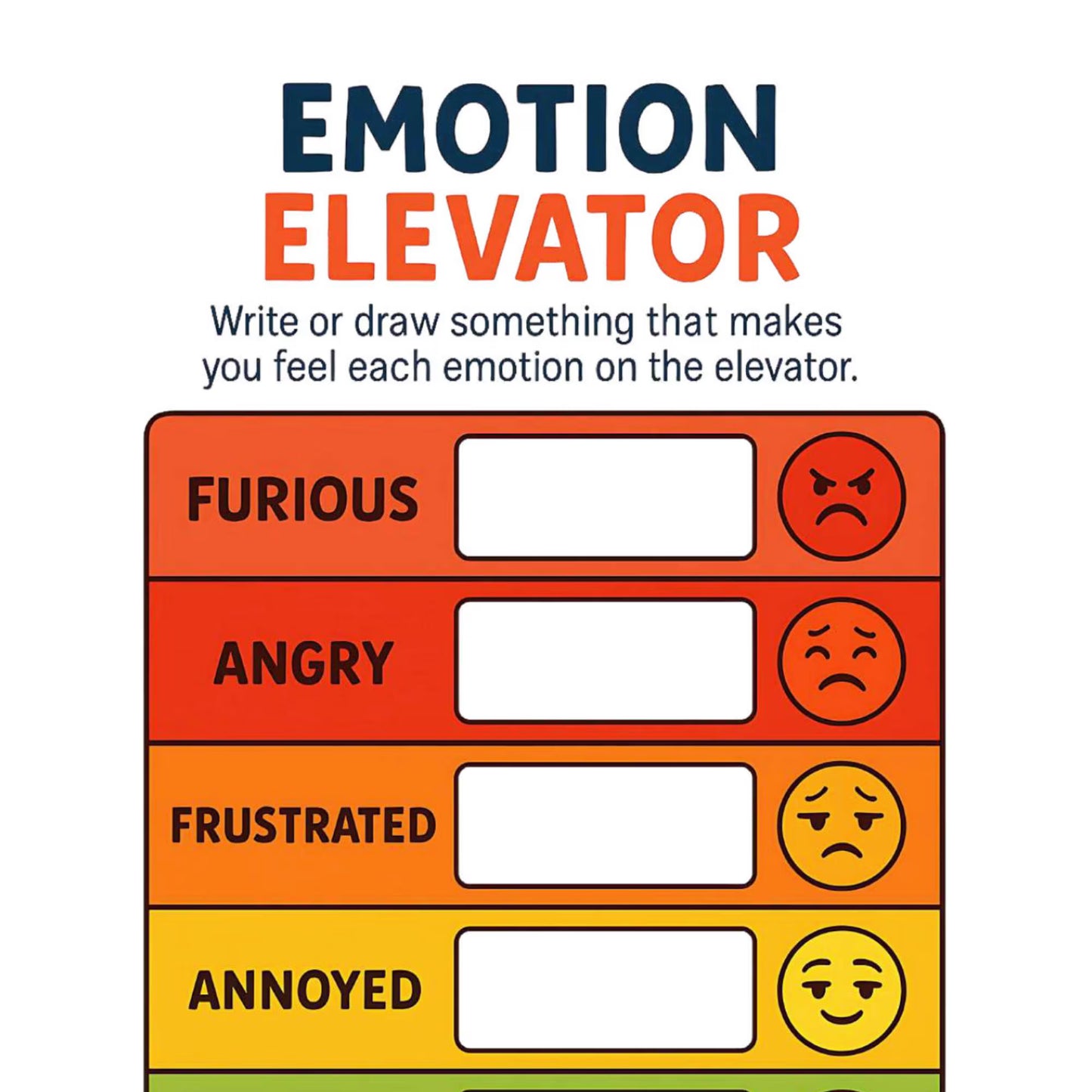 Emotion elevator: Emotion elevator printable with levels from annoyed to furious, helping kids identify rising anger before a meltdown.