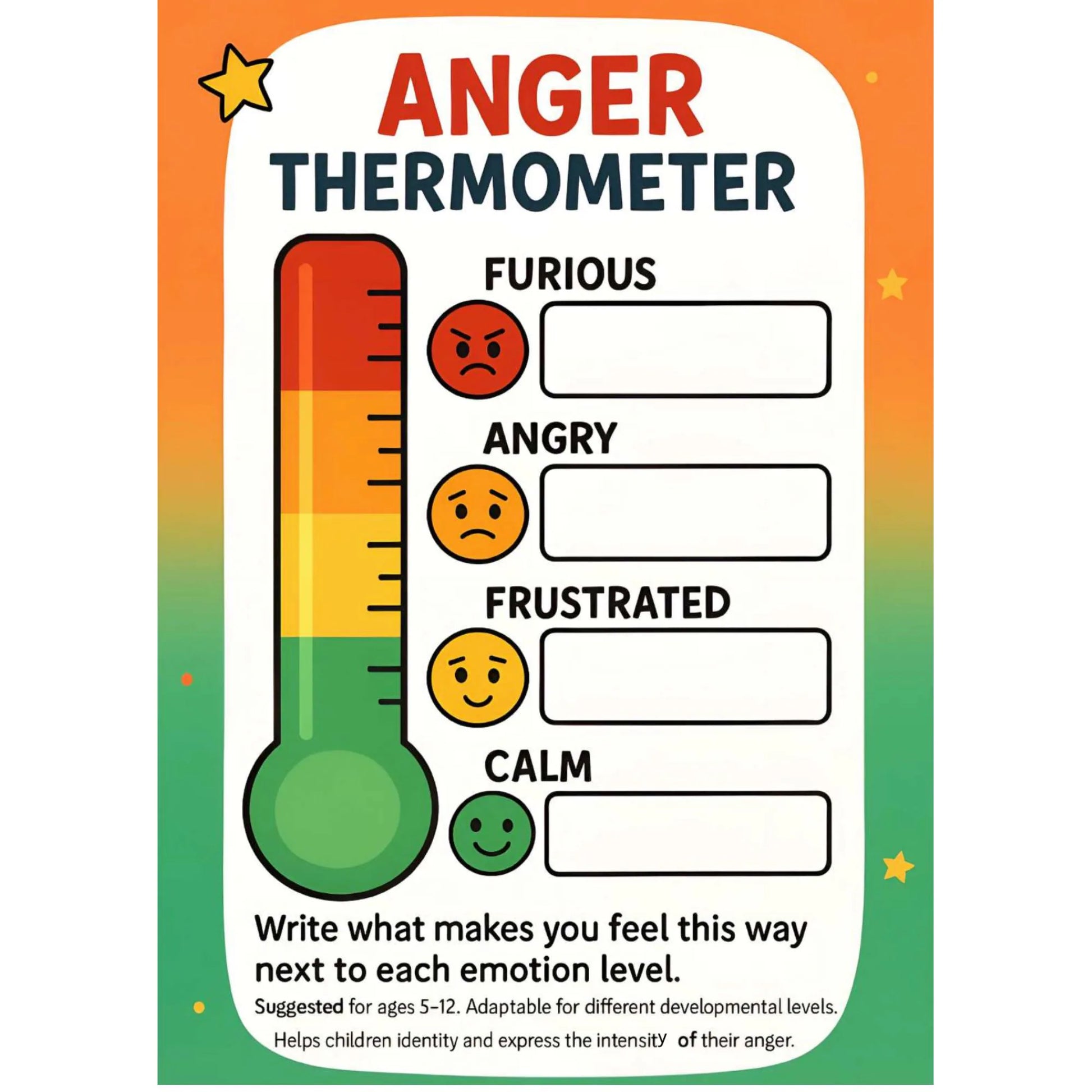 Anger thermometer: Anger thermometer chart from calm to furious, helping kids rate feelings and spot escalation early.