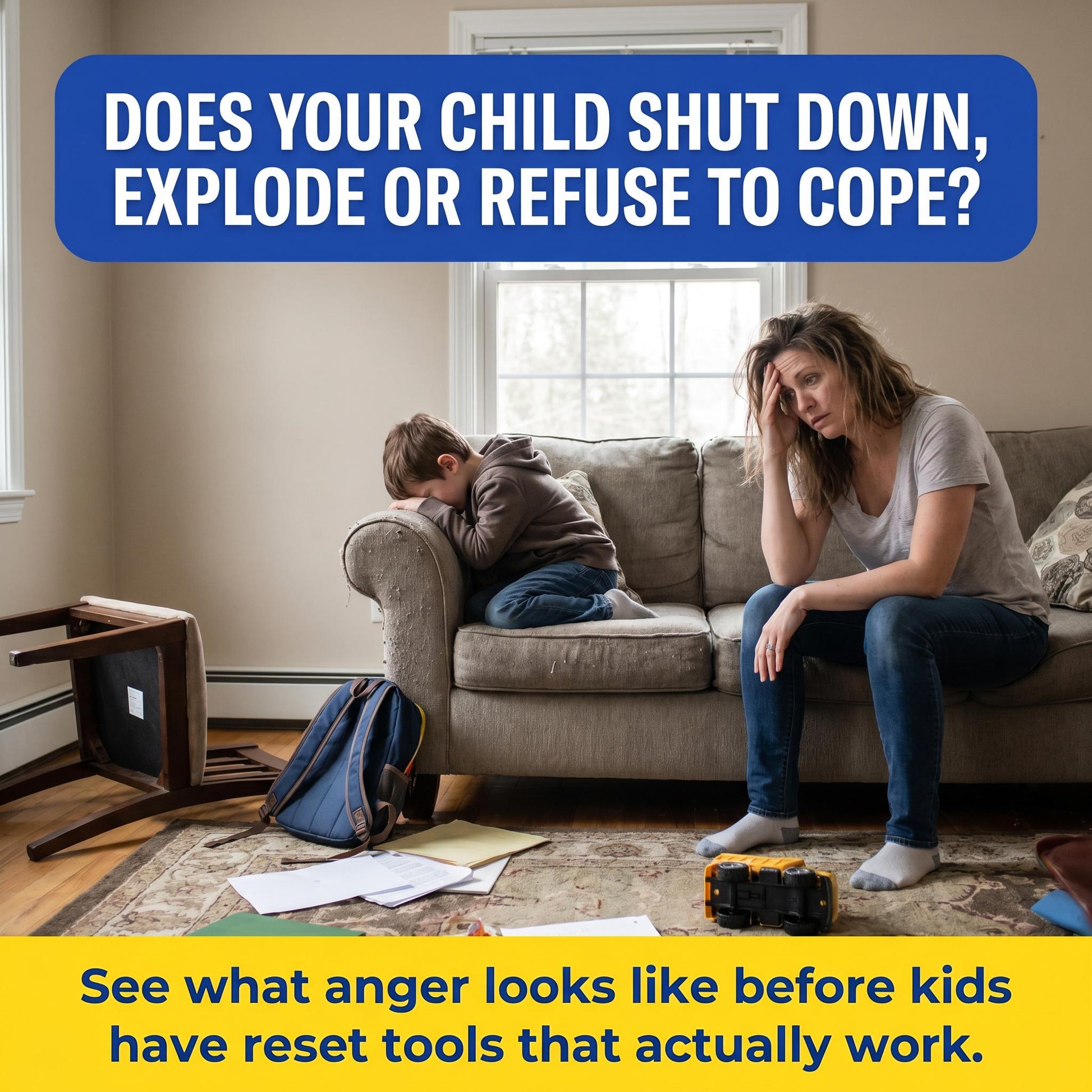 Shut down or explode: Parent comforting upset child on sofa, asking whether anger looks like shutdown, refusal or explosive reactions.