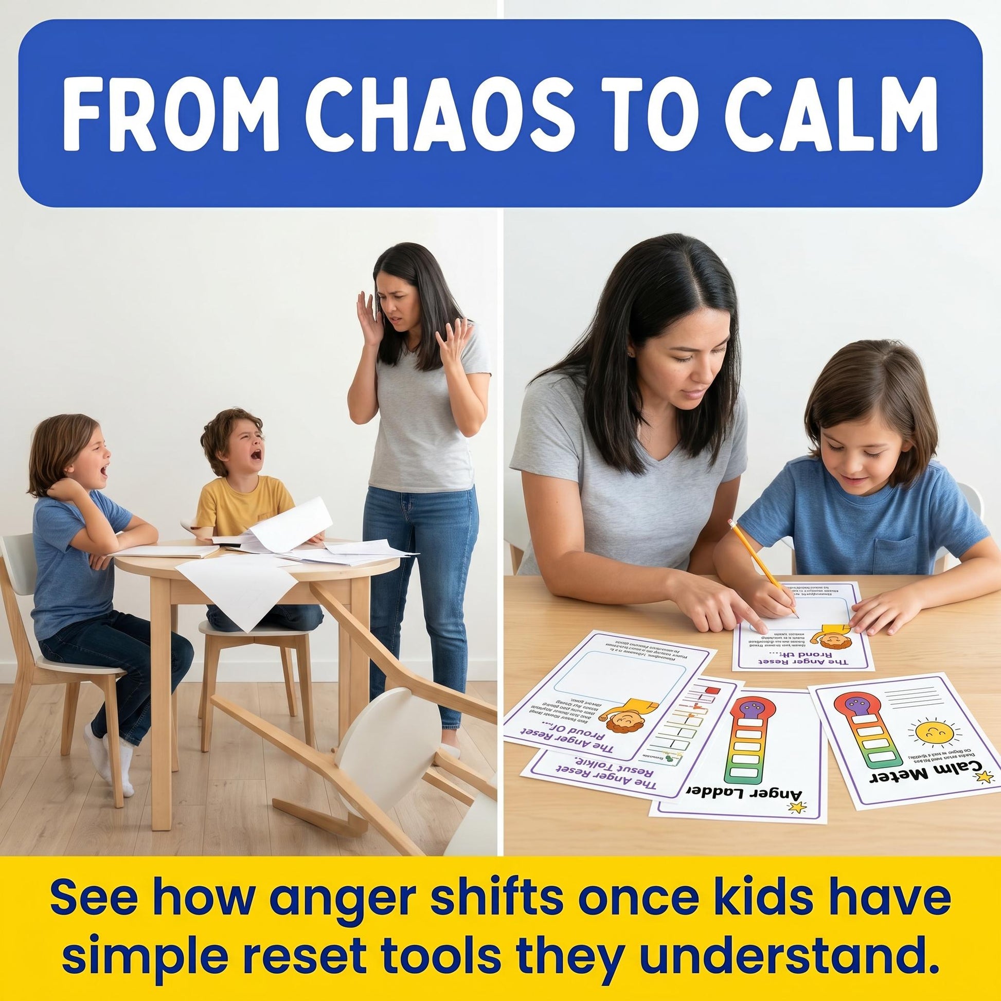 From chaos to calm: Parent and children using anger worksheets at a table, showing simple tools that turn chaos into calm.