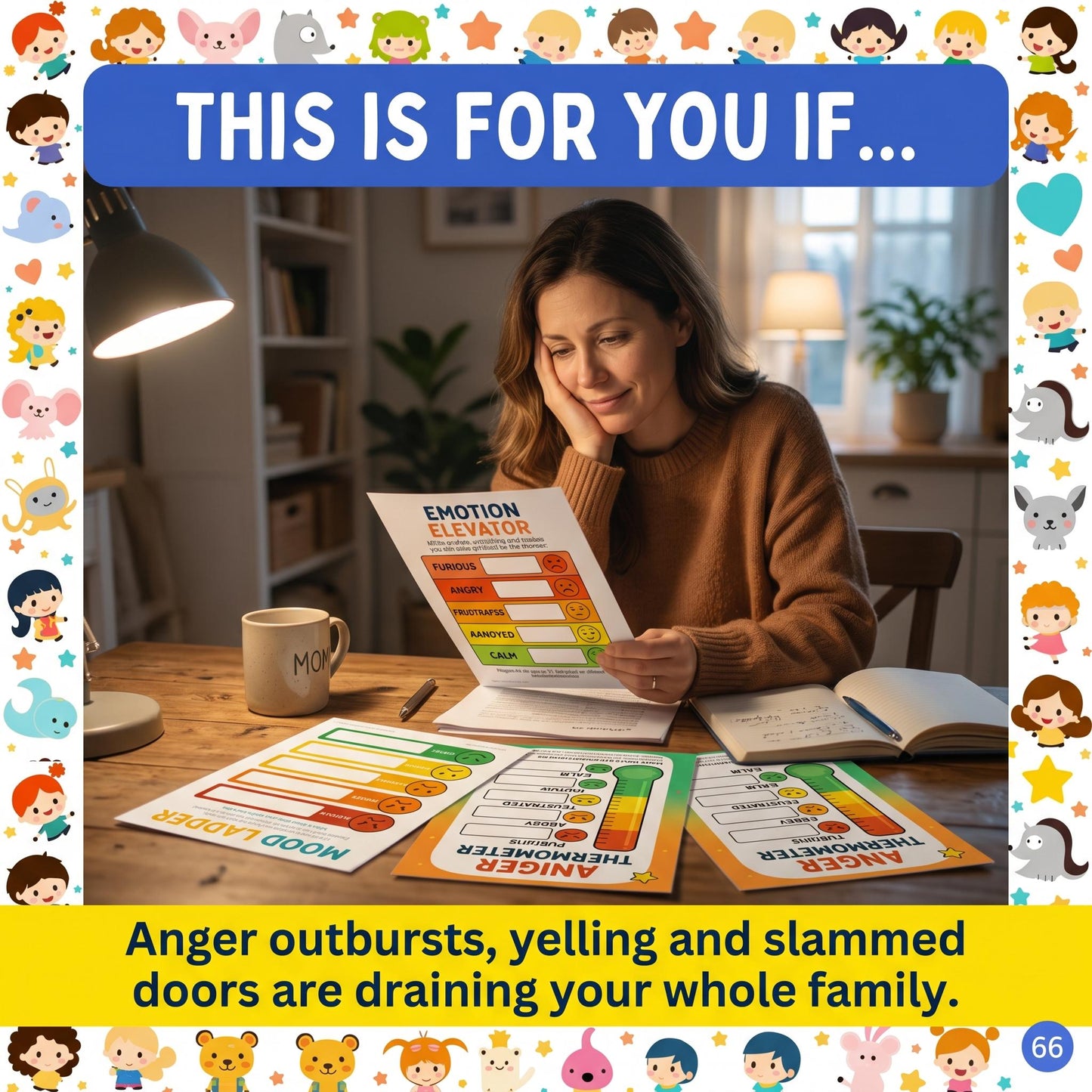 This is for you if: Parent reading anger workbook alone, with text about outbursts, yelling and slammed doors affecting family life.