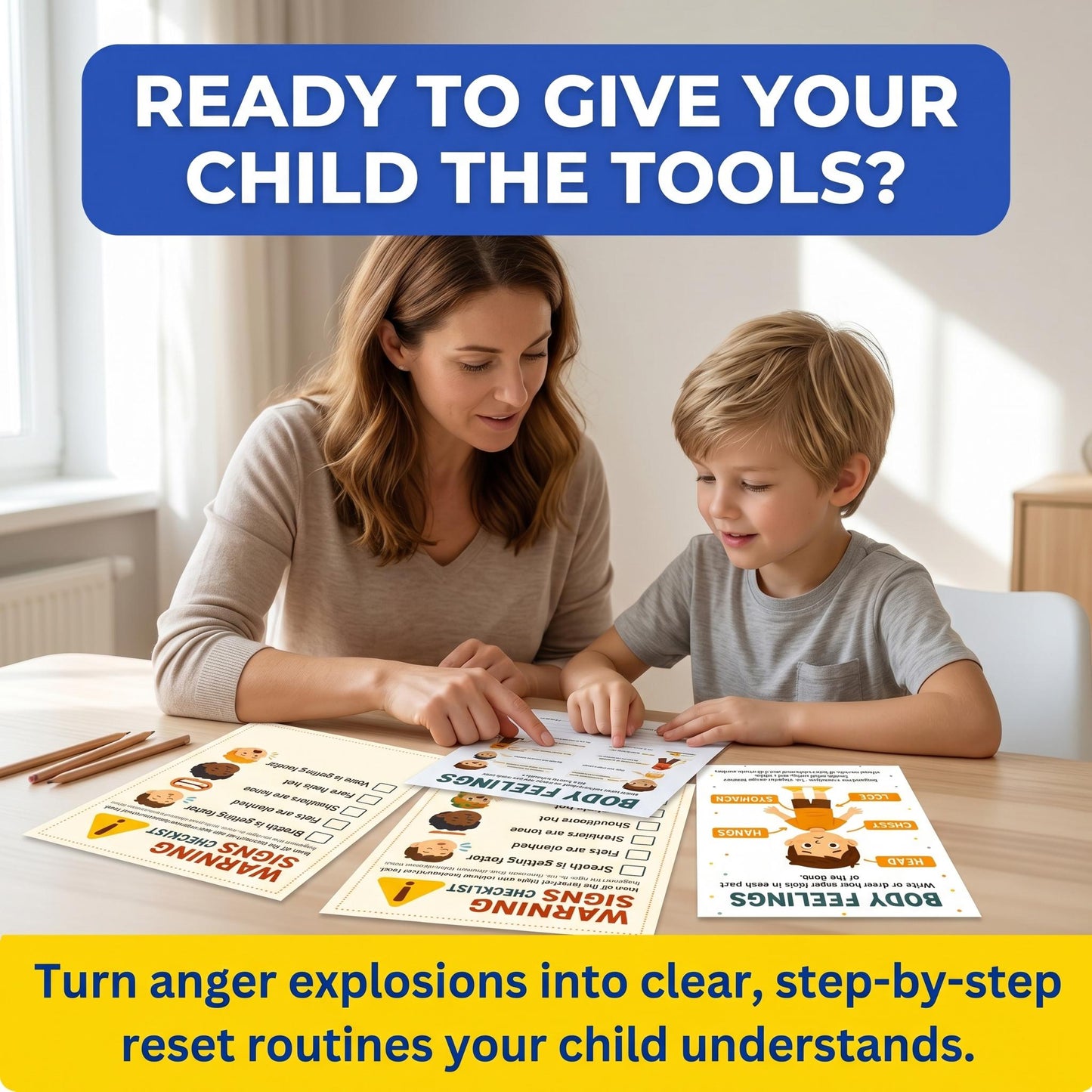 Ready to give your child tools: Parent and child using printable anger reset pages together, focused on clear steps kids can understand.