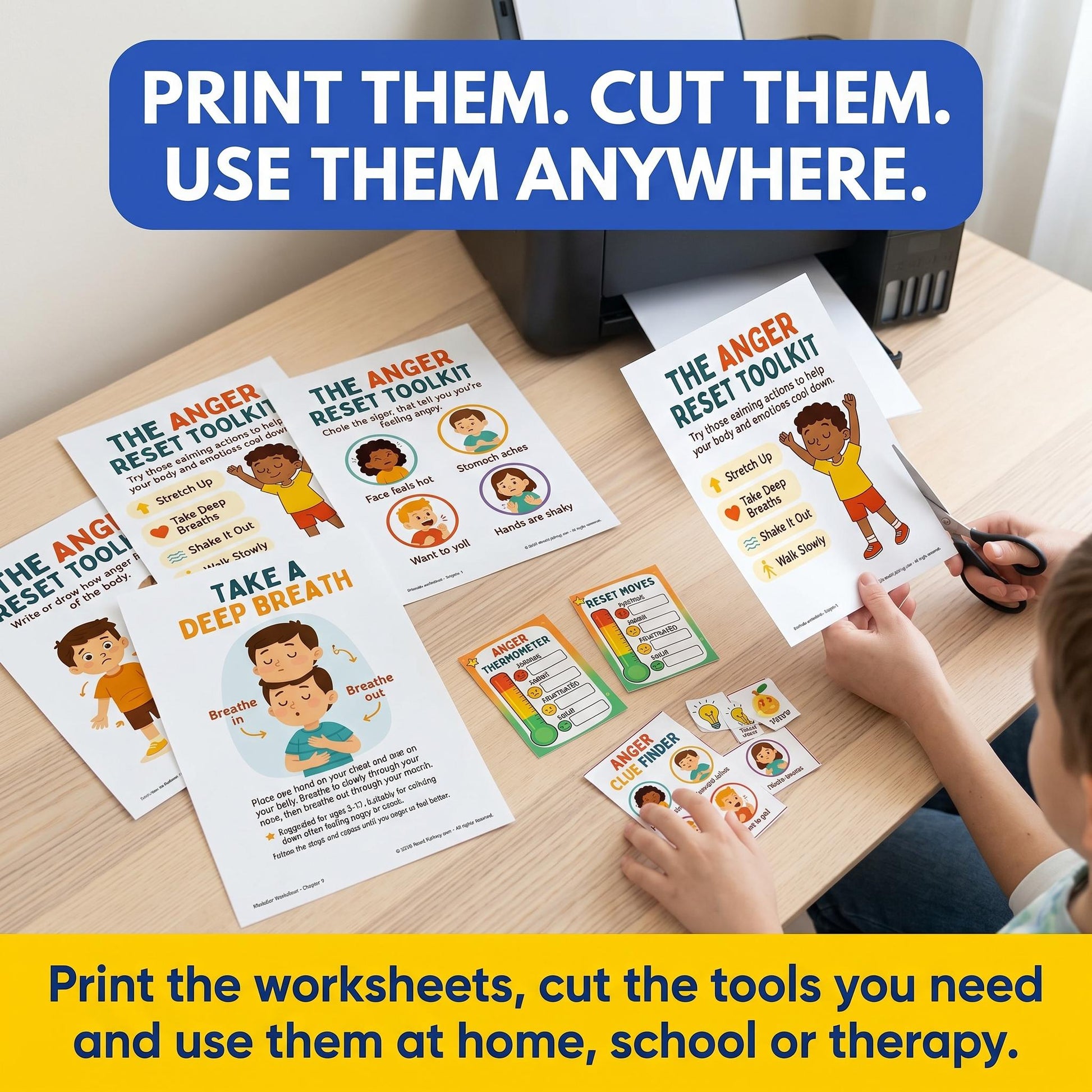 Print them, cut them, use them anywhere: Hands sorting printable anger tools and worksheets on a table for home, school or therapy support.