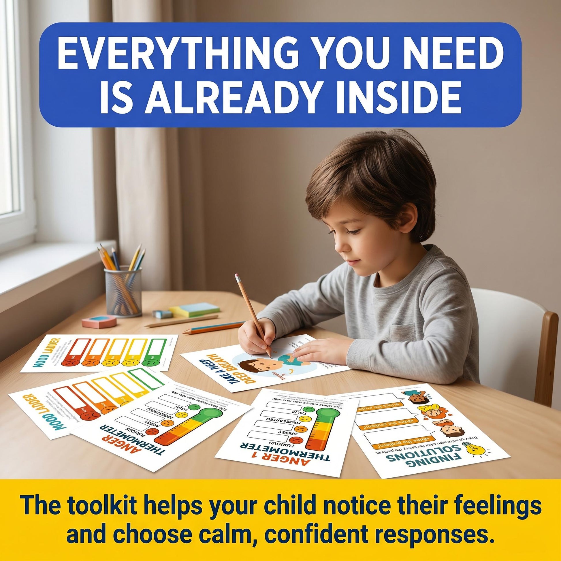 Everything you need is already inside: Child working with anger regulation pages and cards, highlighting tools for feelings, calm choices and coping.
