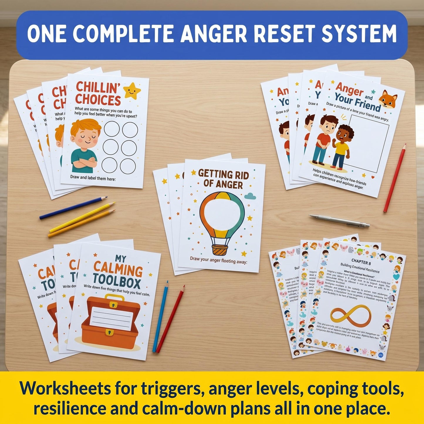One complete anger reset system: Flat lay of printable anger worksheets and cards for triggers, coping tools, resilience and calm-down planning.