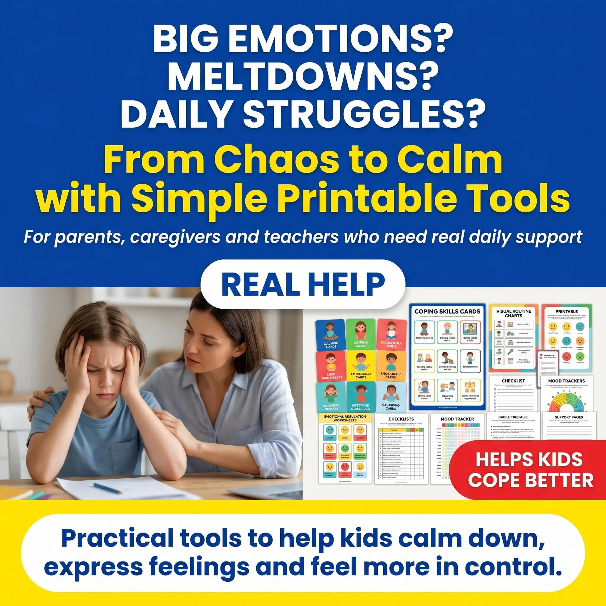 Big emotions ADHD support panel showing meltdown tools, parent and child scene, and simple printable resources for calmer days