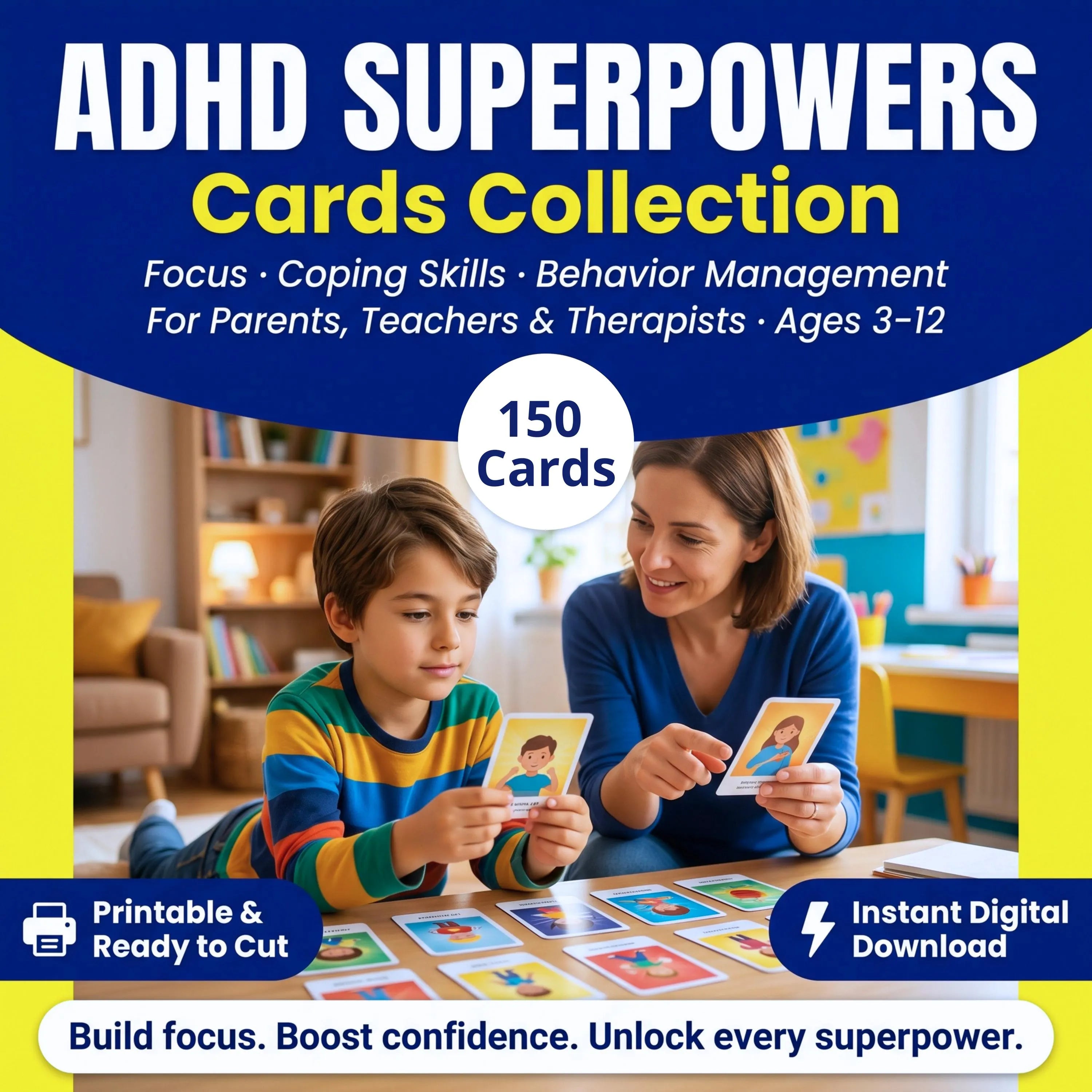 ADHD superpowers cards cover with parent and child using printable flashcards, 150 cards, and instant digital download