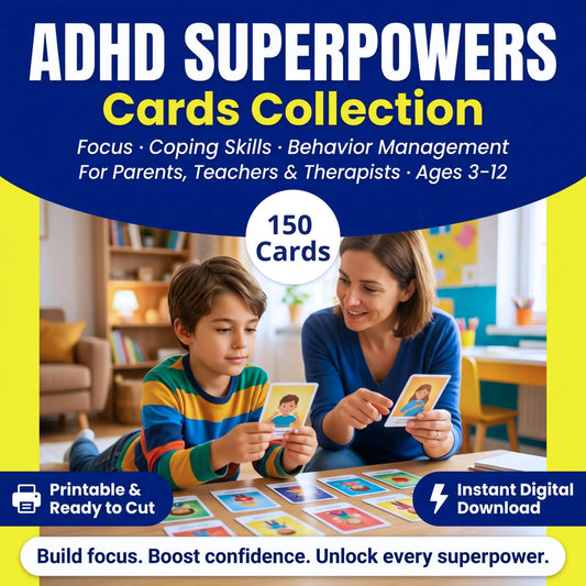 ADHD superpowers cards cover with parent and child using printable flashcards, 150 cards, and instant digital download