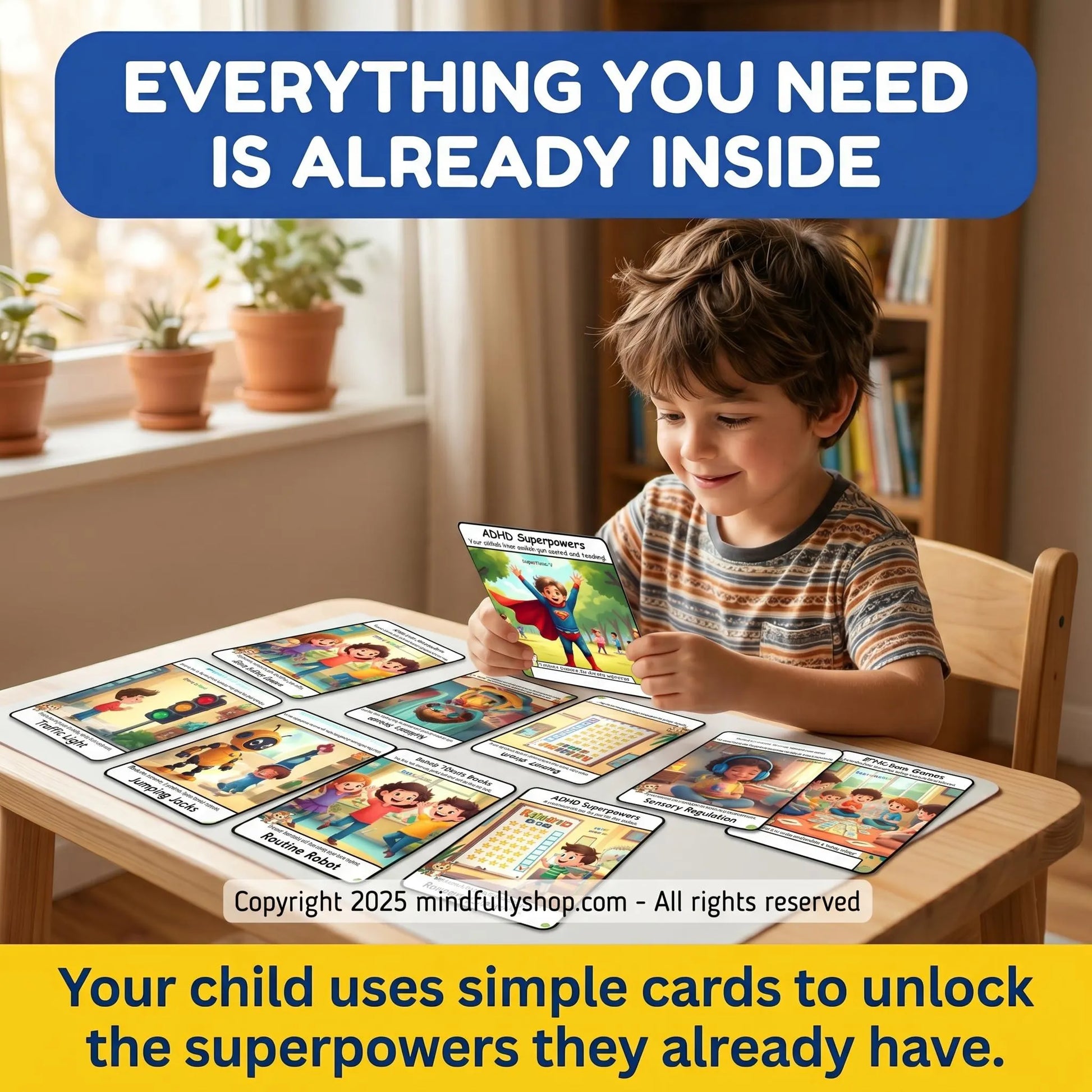 Child sits at a table with ADHD printable cards, showing a ready-to-use toolkit for focus and emotional support