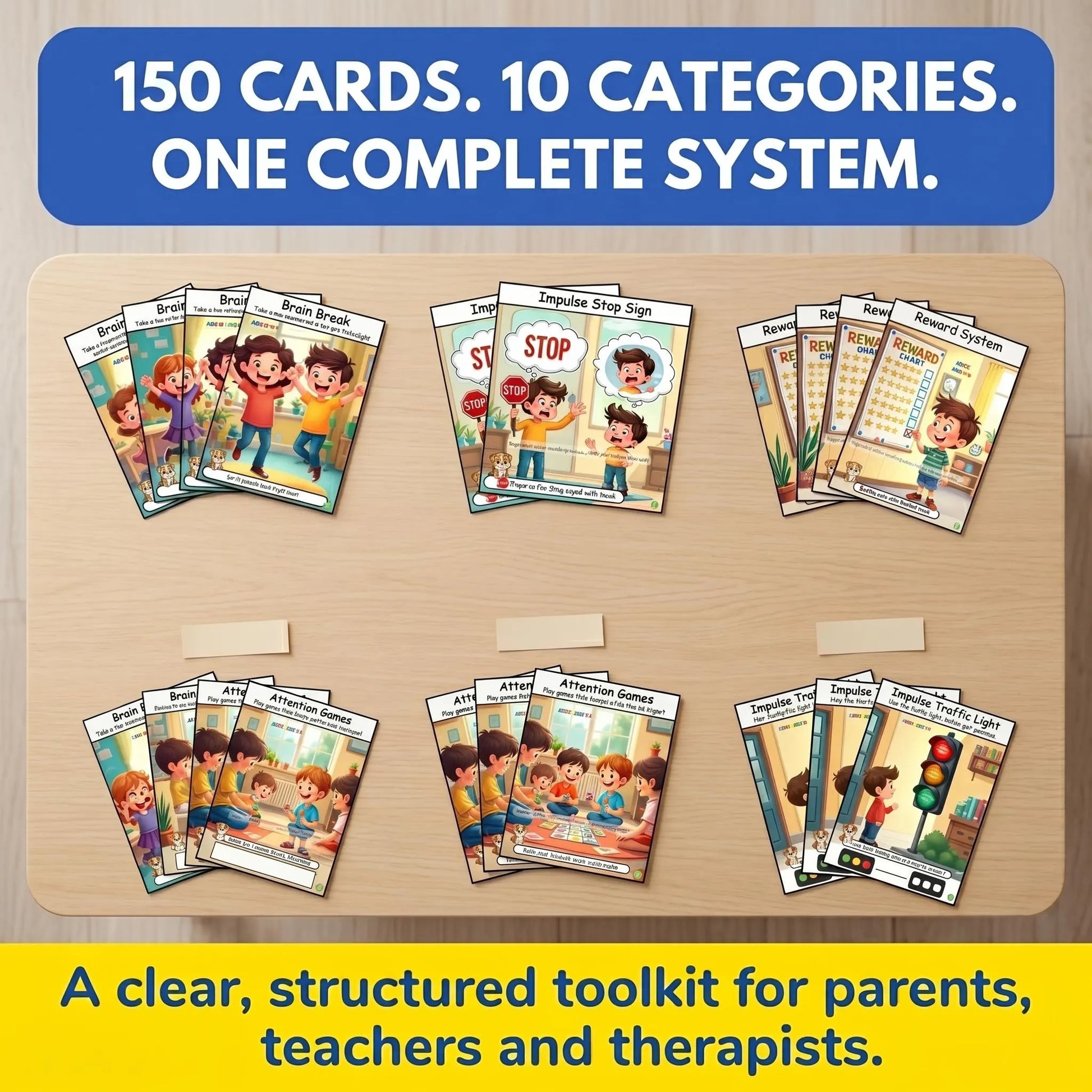 ADHD coping cards grouped by category on a tabletop, presenting a structured printable support system for kids